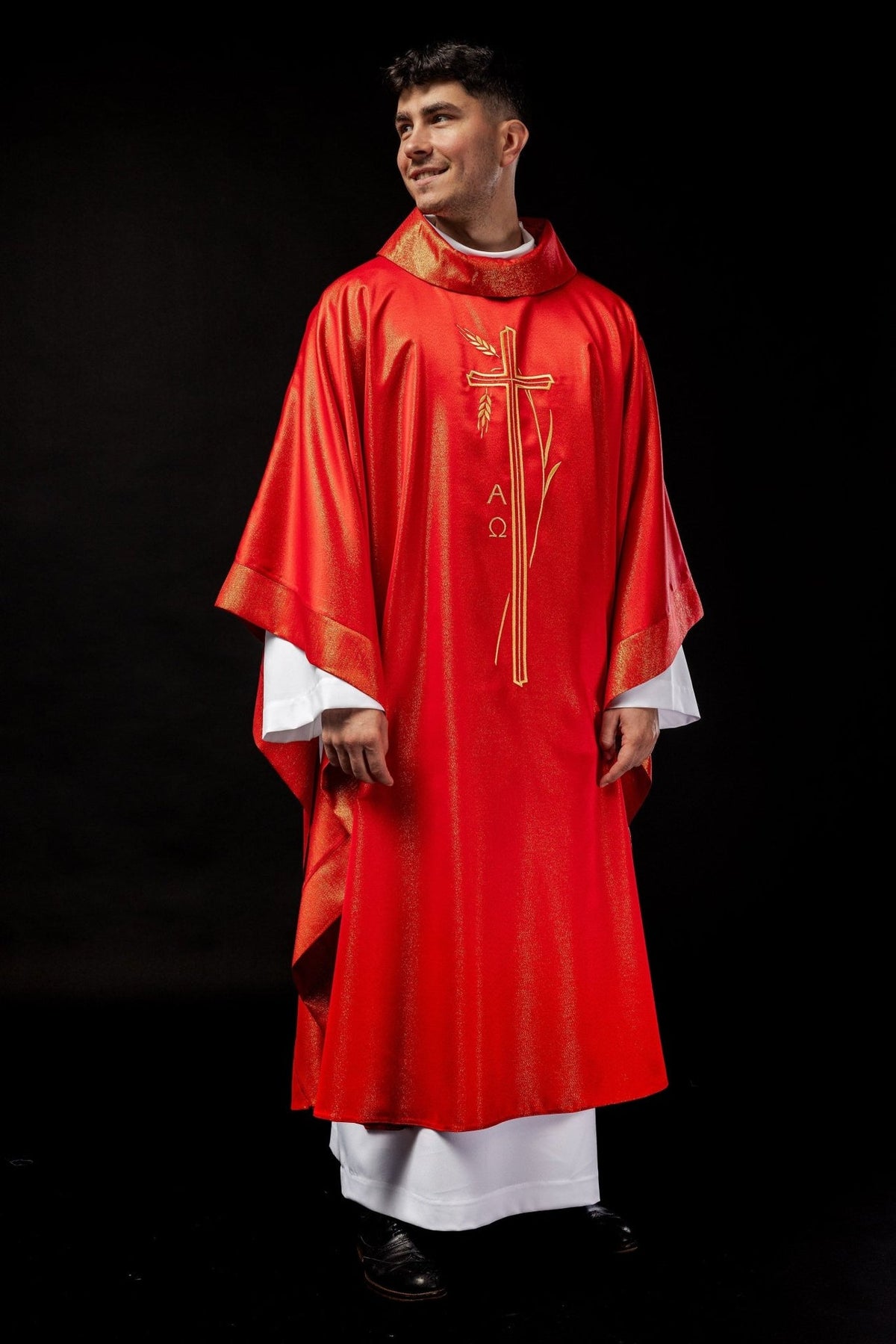 Red chasuble, full front view with gold cross and wheat embroidery
