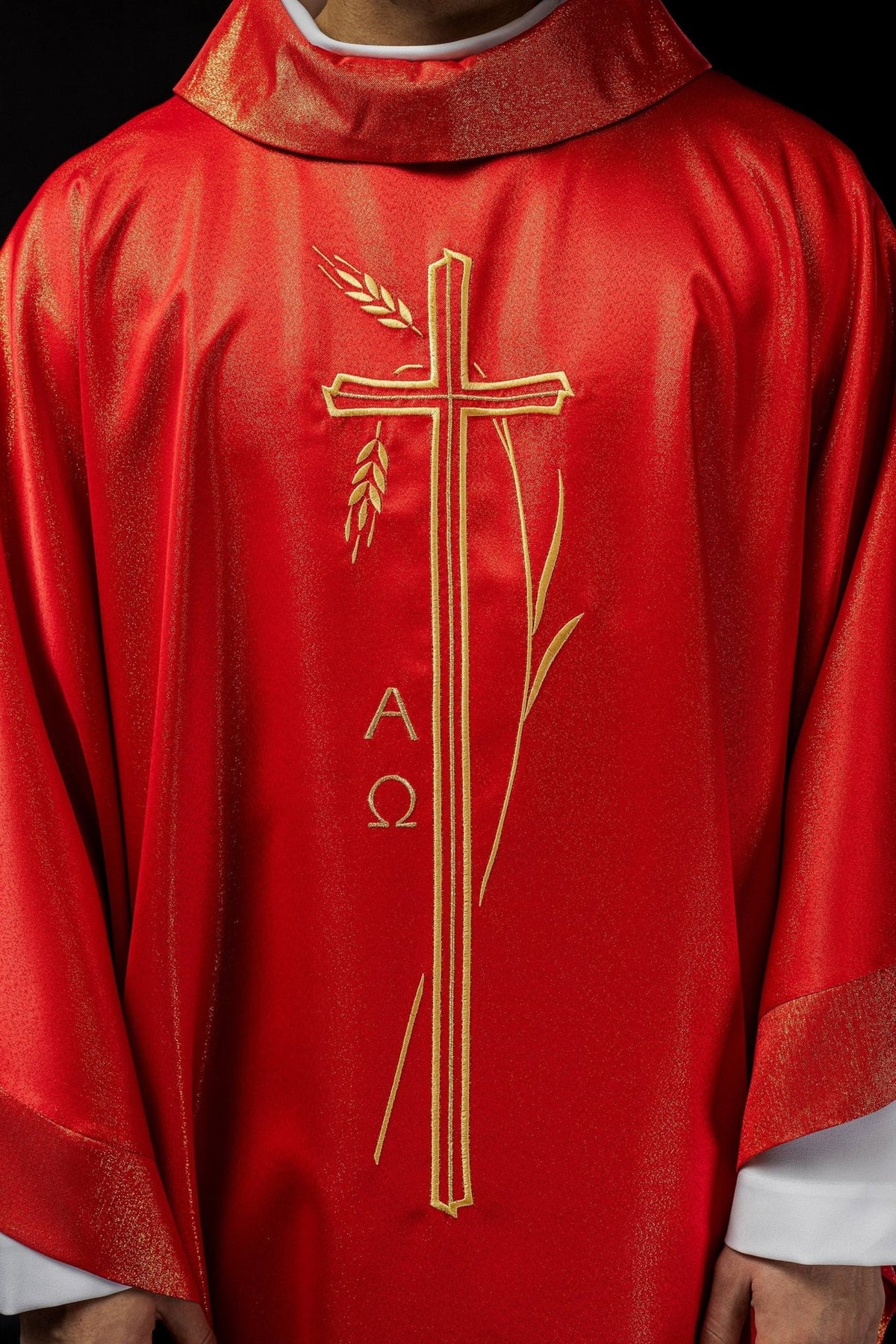 Red chasuble, front detail showing gold cross, wheat and Alpha Omega embroidery