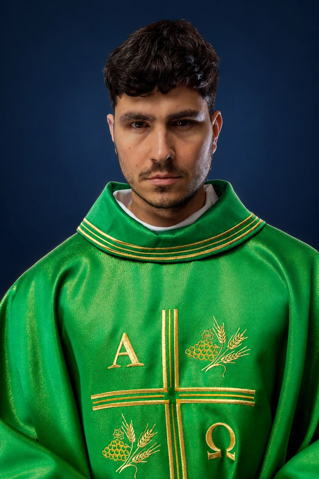 Green Chasuble with Embroidered Cross, Alpha Omega and Wheat Motifs, front close-up