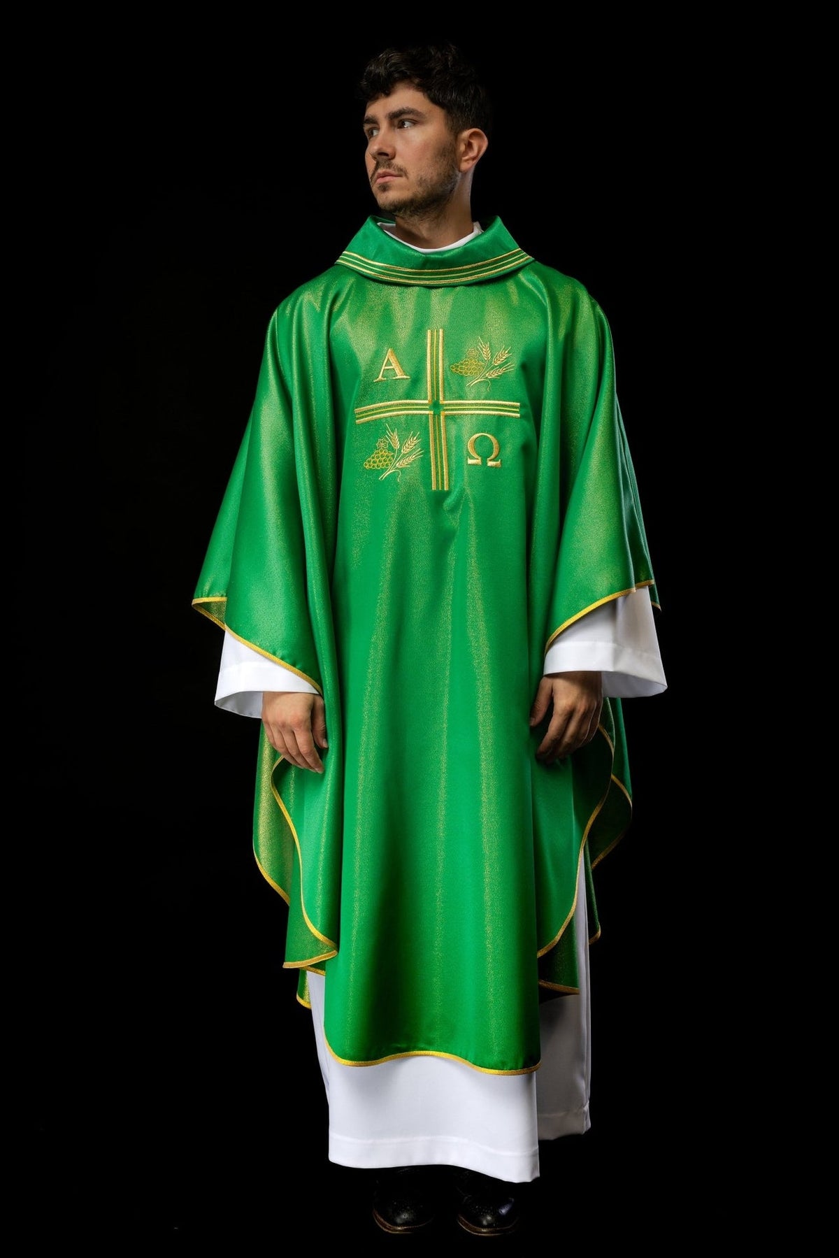 Green chasuble, full front view with gold cross, Alpha Omega and wheat embroidery