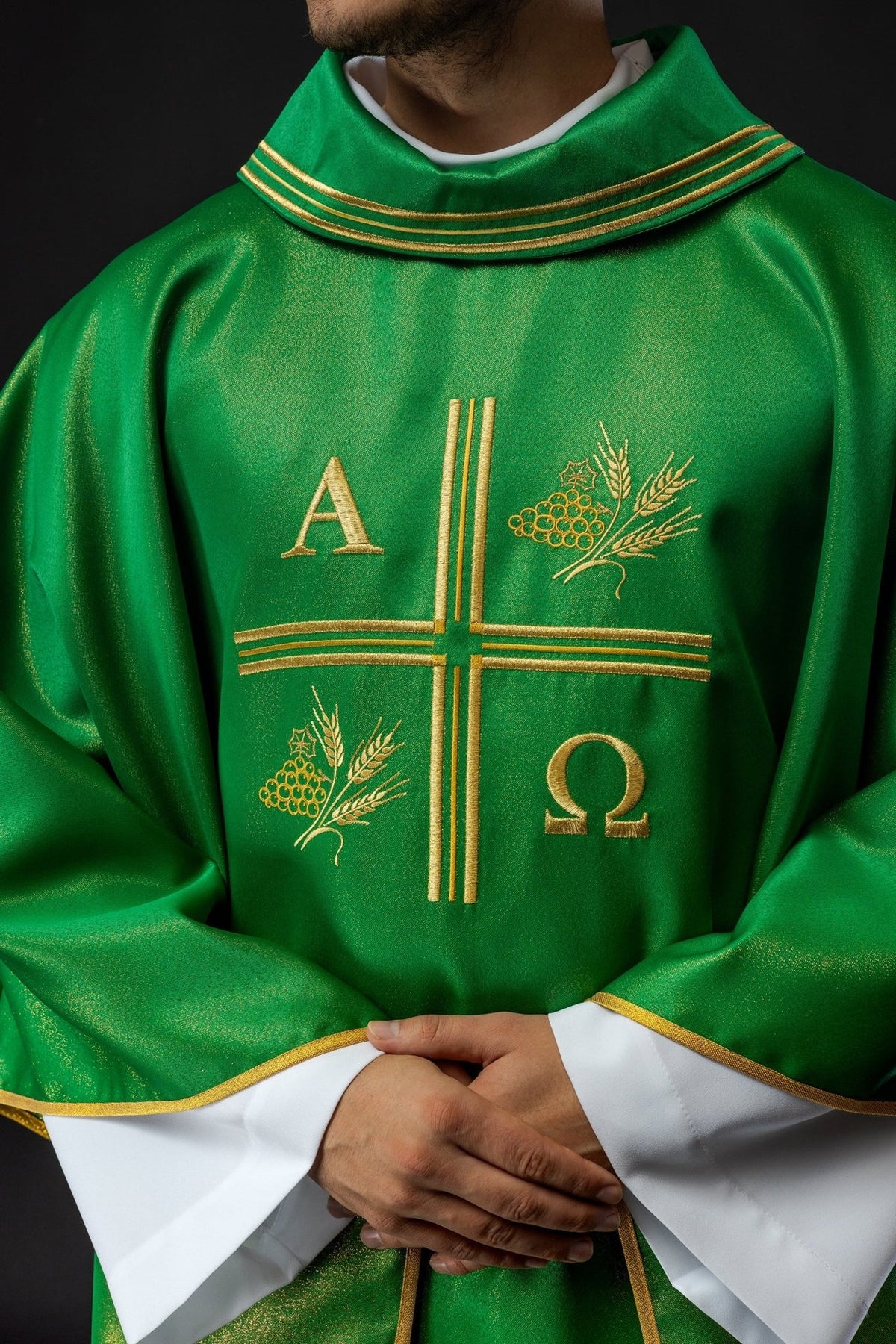 Green chasuble front detail with gold cross, Alpha Omega and wheat embroidery