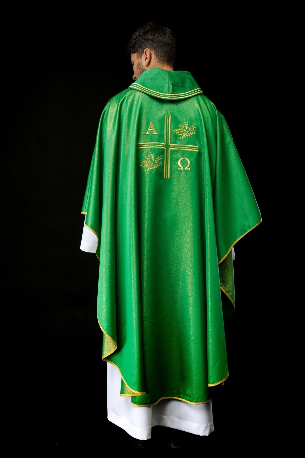 Green chasuble back view with gold cross, Alpha Omega and wheat embroidery