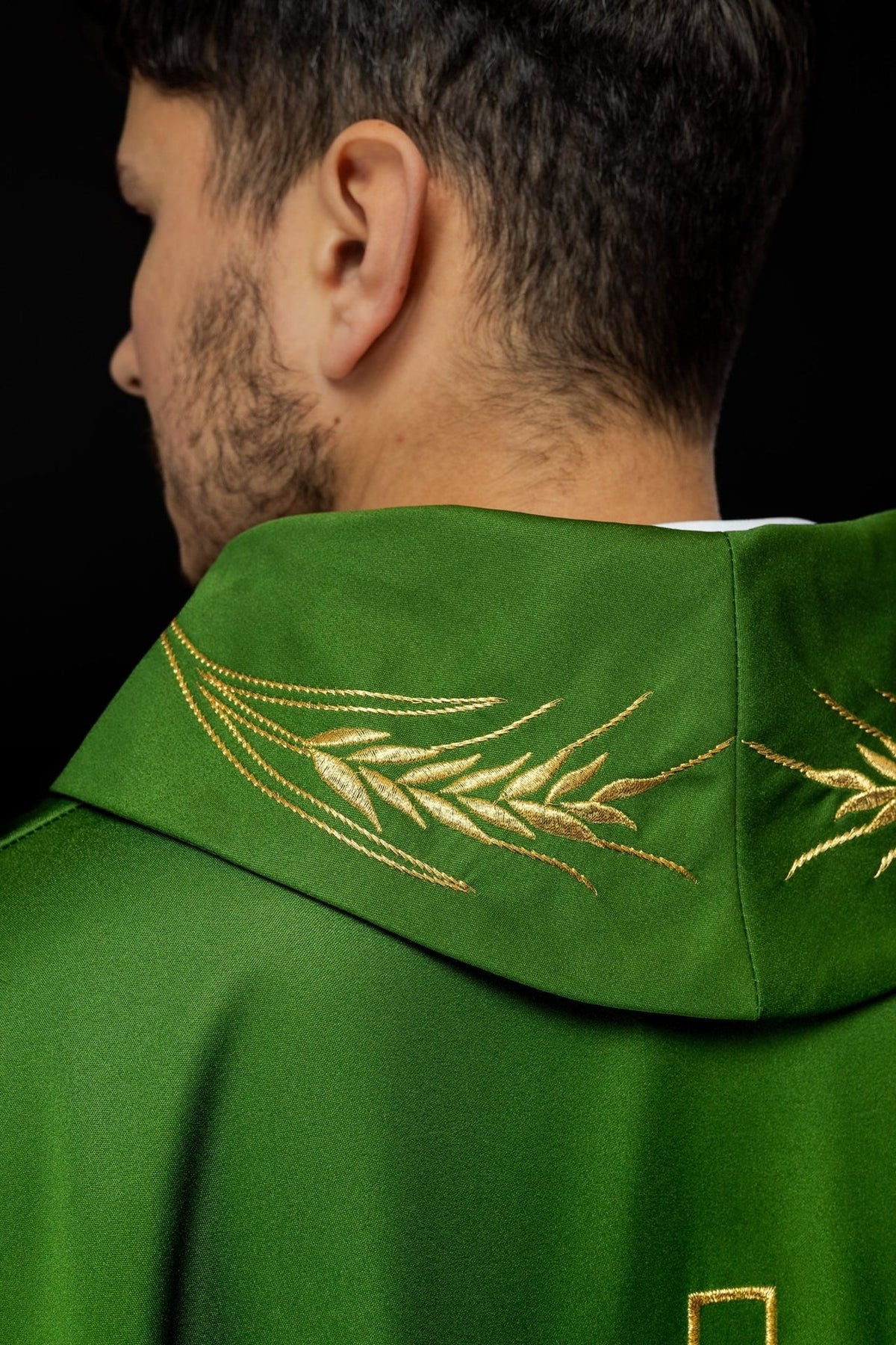 Green chasuble back view with gold embroidered wheat collar and cross