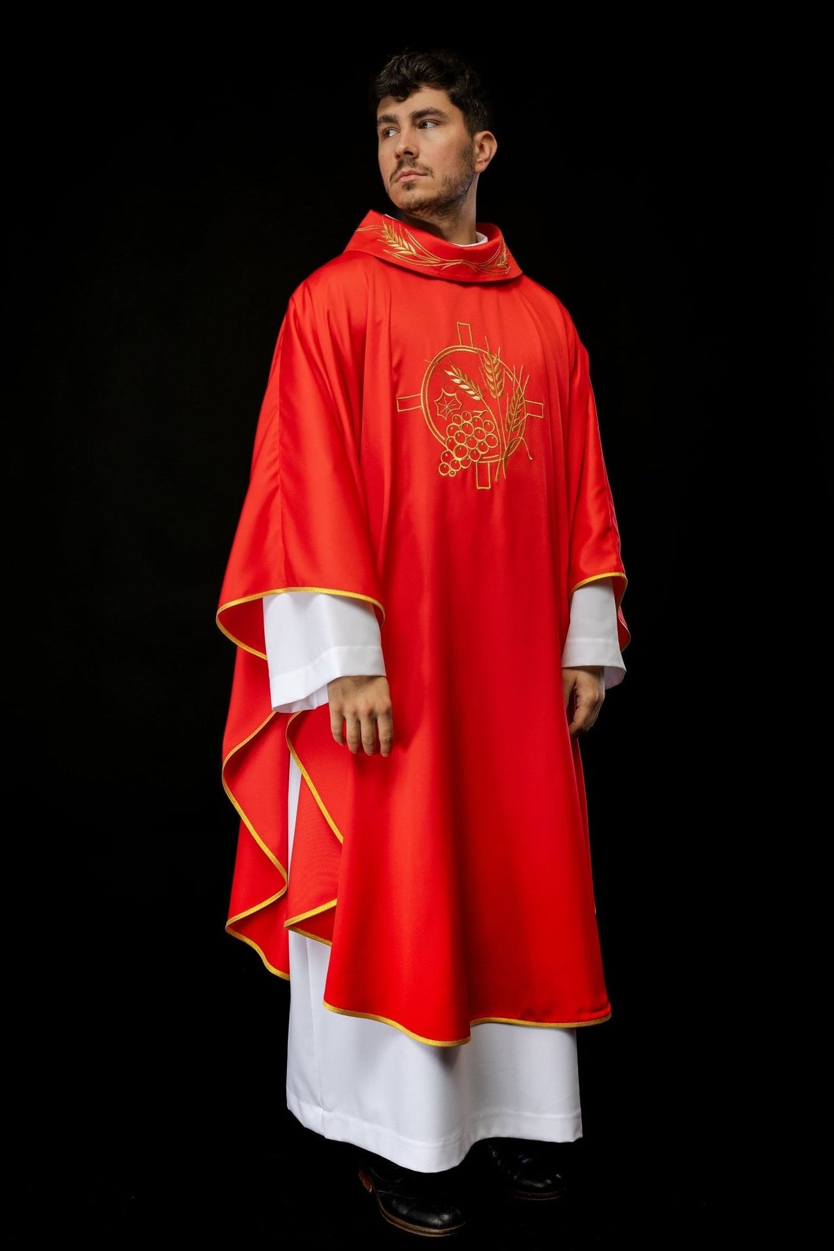 Red chasuble, full front view with gold cross, wheat and grape embroidery