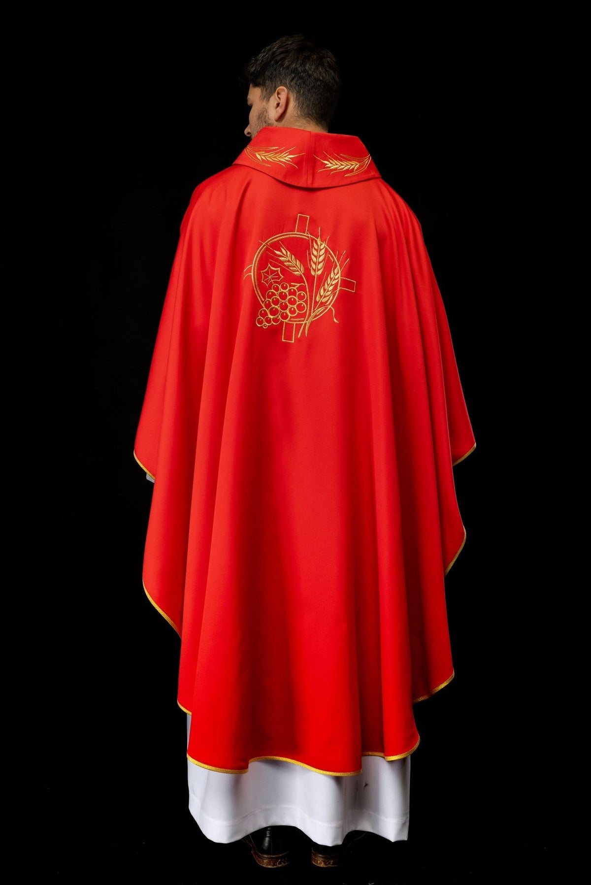 Red chasuble full back view with gold embroidered cross and wheat motifs
