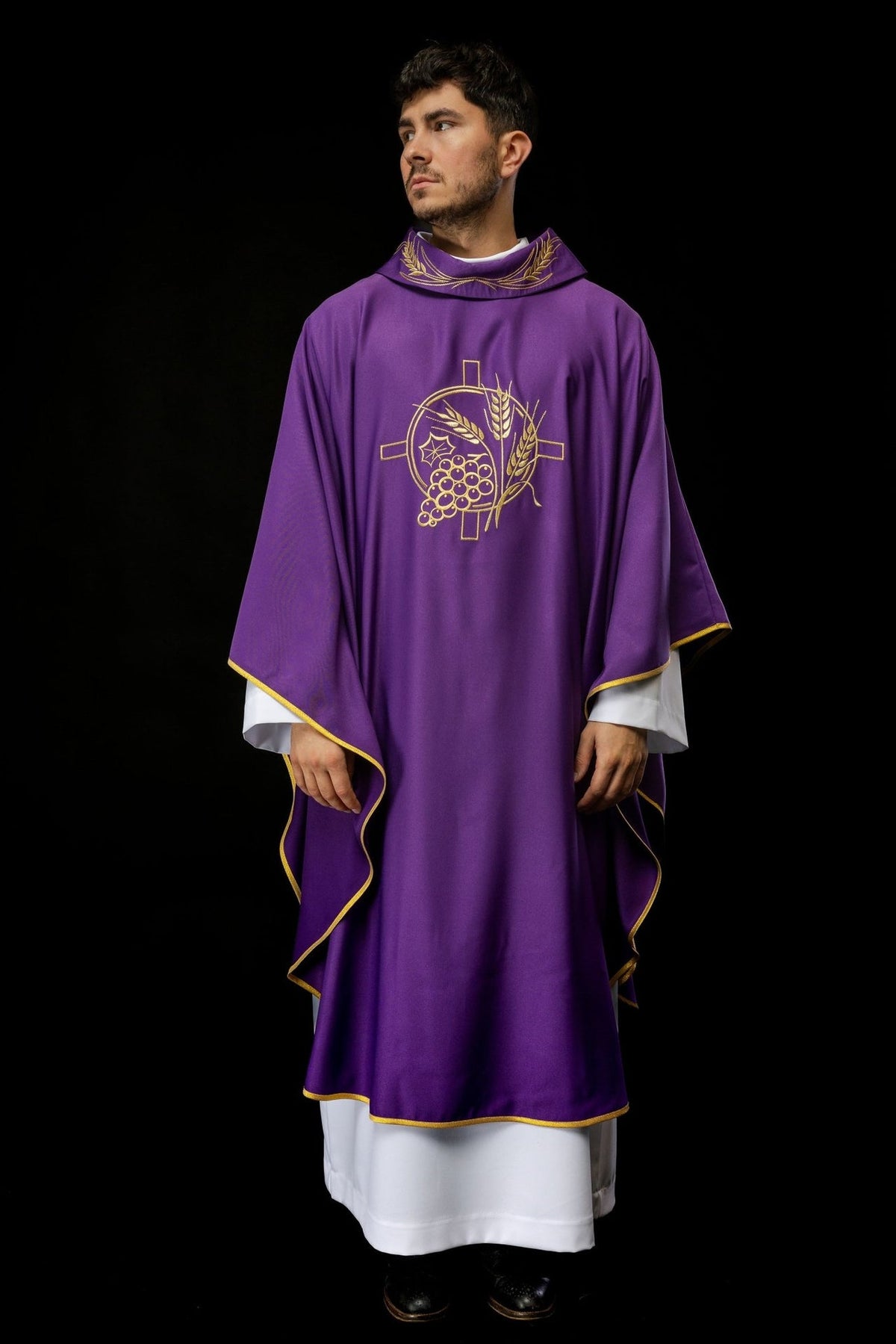 Purple chasuble, full front view with gold cross and wheat embroidery