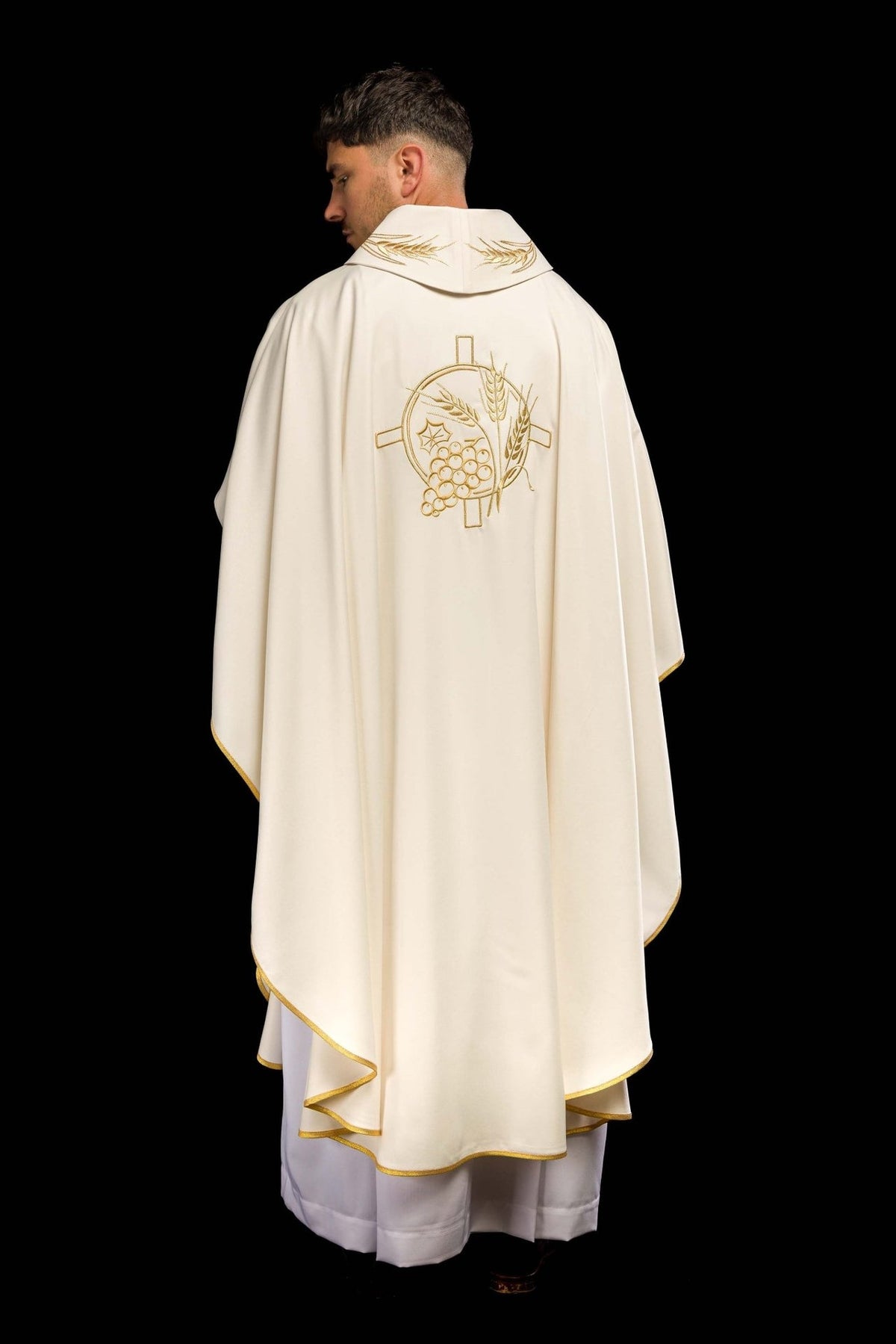 Ecru chasuble back view with embroidered gold cross and wheat motifs