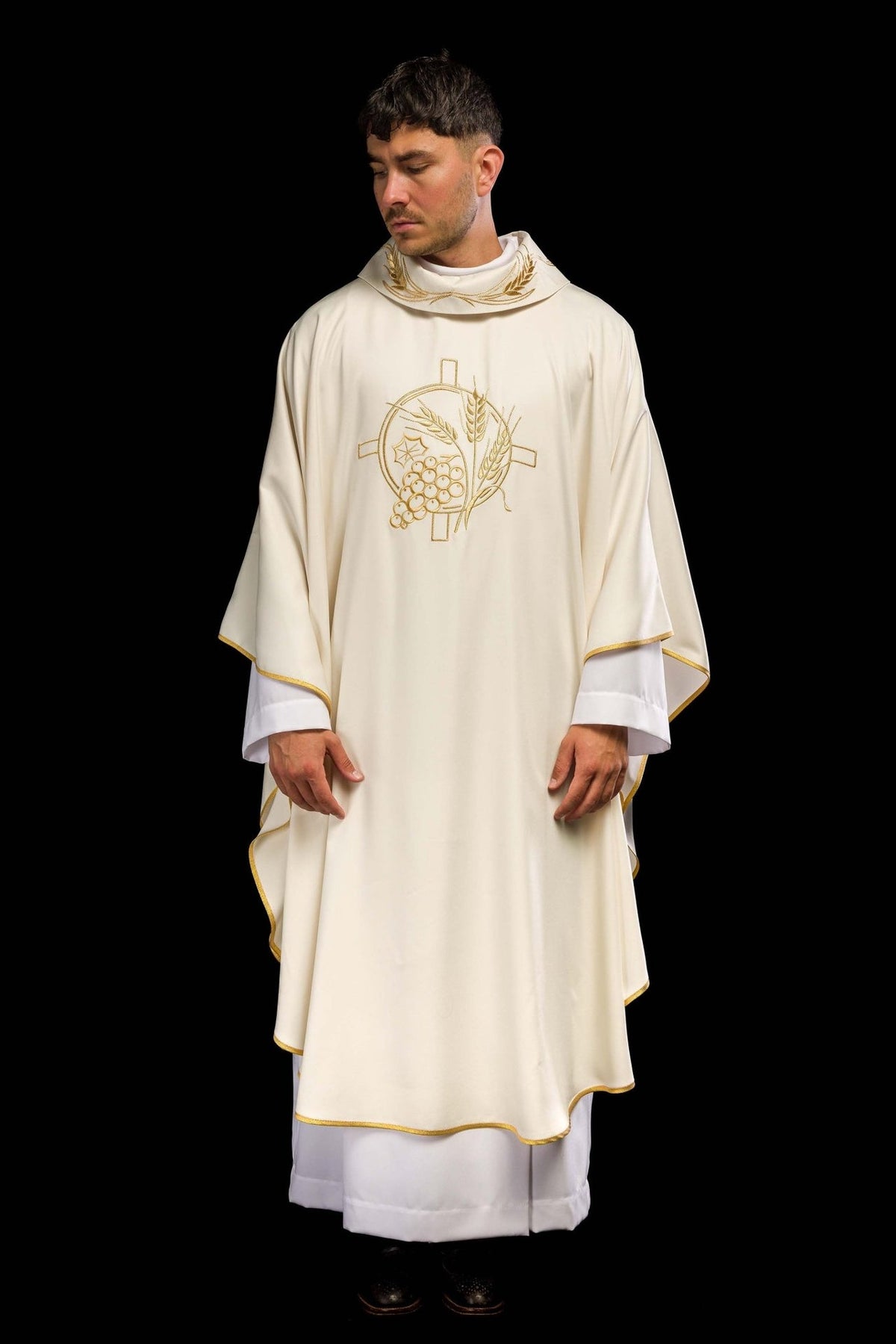 Ecru chasuble back view with gold embroidered cross and wheat motifs