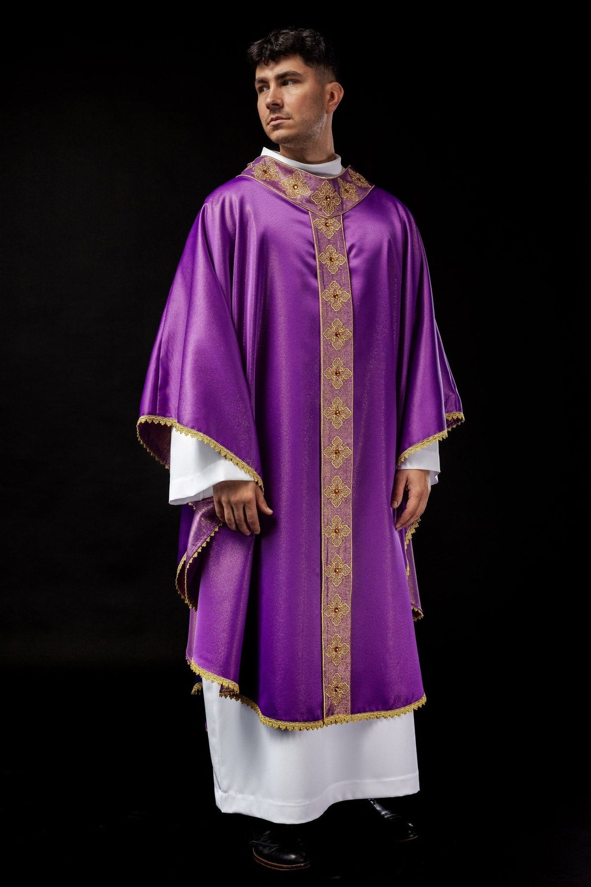 Purple chasuble front view with gold embroidered orphrey and collar