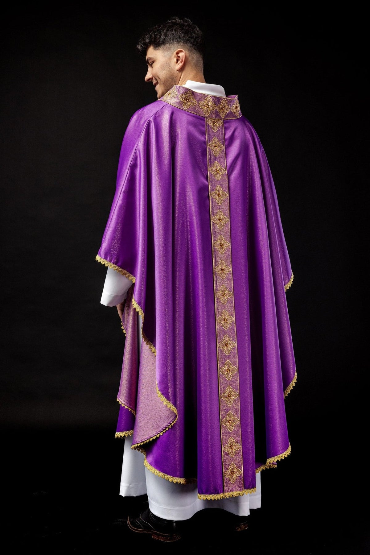 Purple chasuble back worn view with embroidered orphrey and gold trim