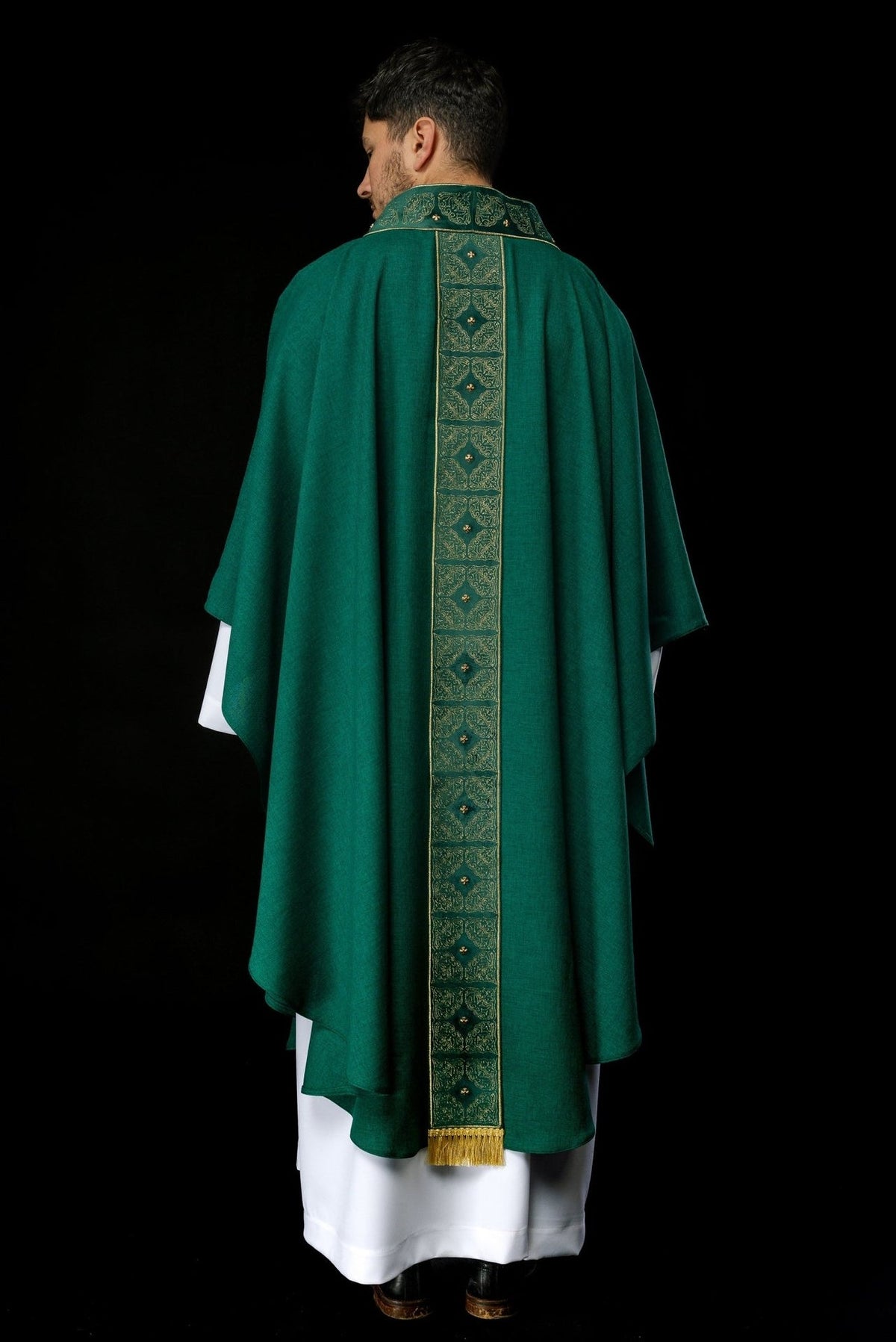 Green chasuble back view with embroidered gold orphrey and collar