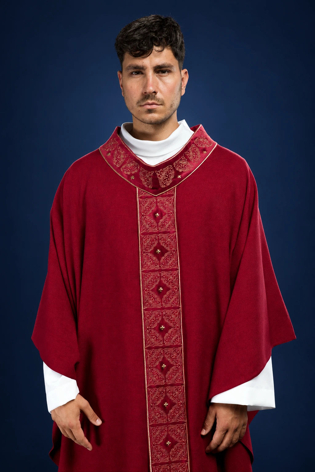 Red Chasuble with Richly Embroidered Orphrey and Collar, front view with gold embroidery