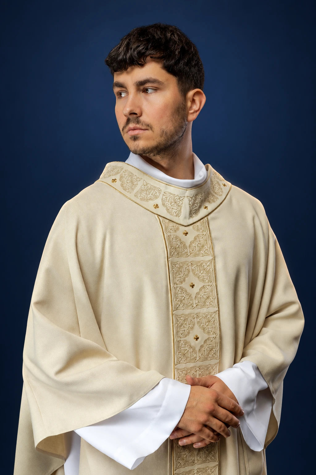 Ecru Catholic Chasuble with Richly Embroidered Orphrey and Collar, front view with gold embroidery