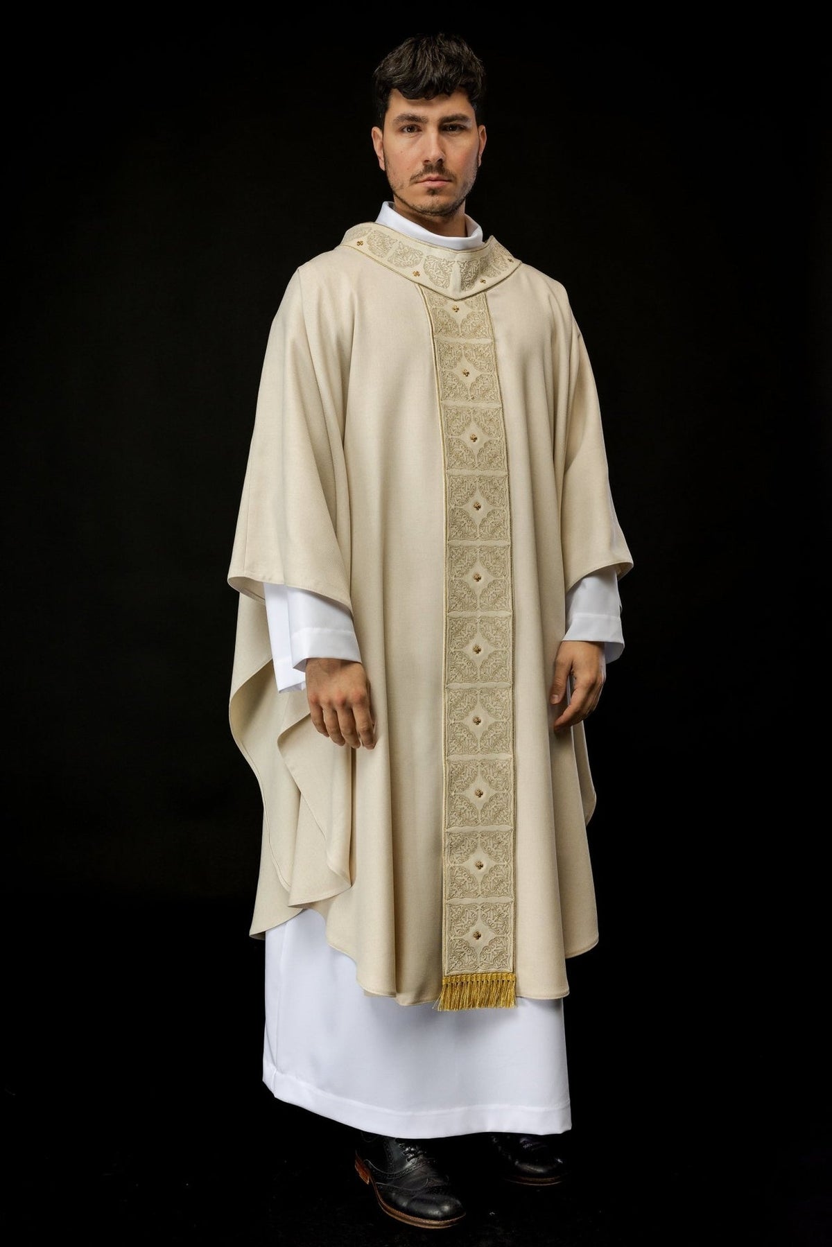 Ecru chasuble front view with embroidered orphrey and collar