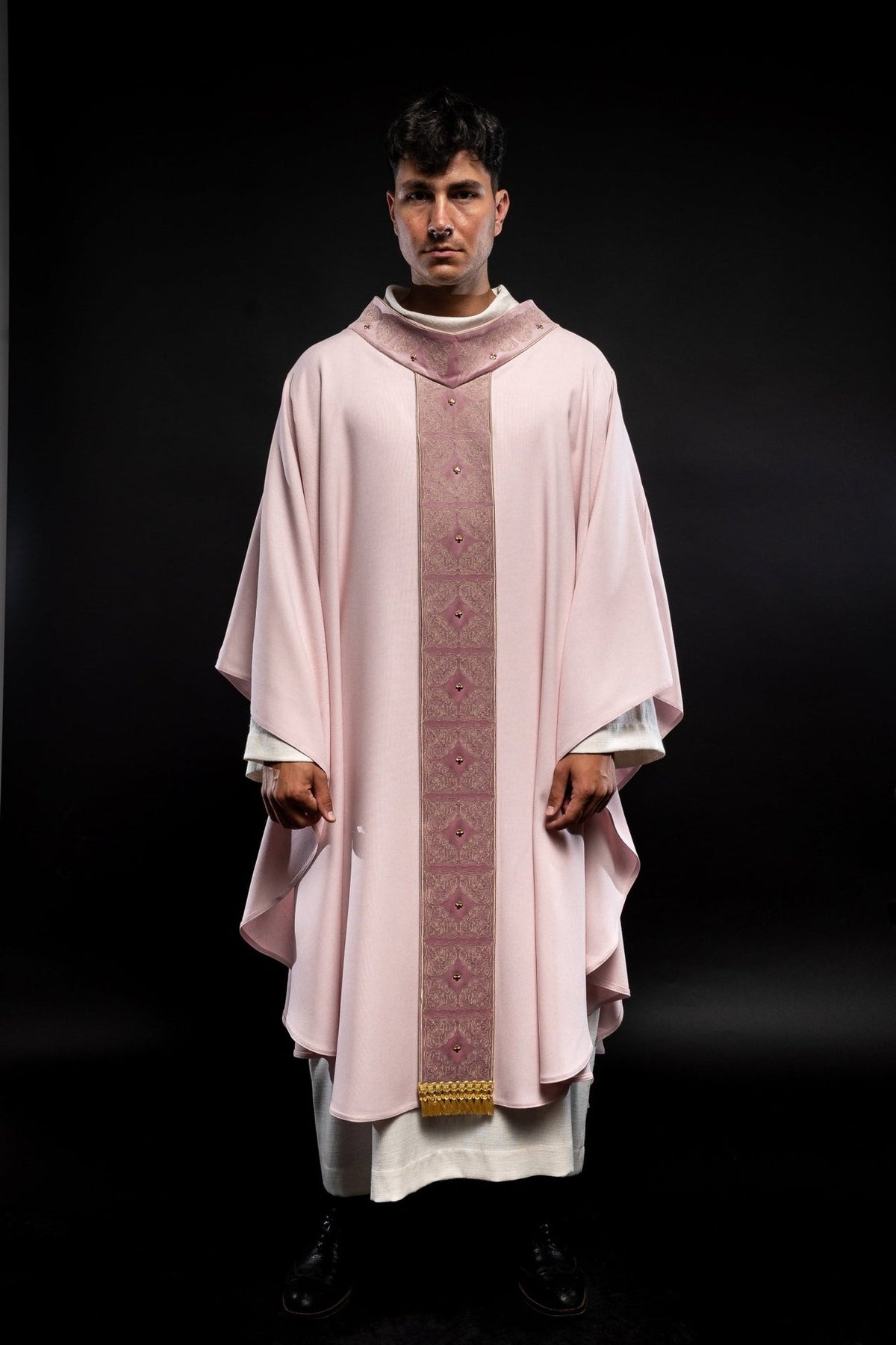 Rose chasuble front view with embroidered orphrey, gold motifs and matching collar