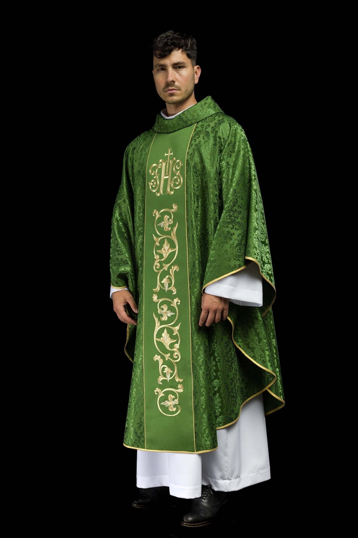 Green chasuble three-quarter front view with gold trim and embroidered orphrey