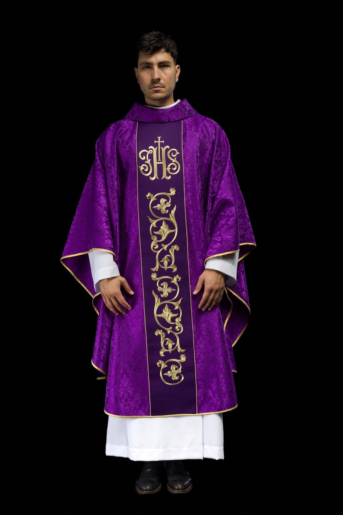 Purple chasuble, full front view with gold IHS embroidery and floral orphrey