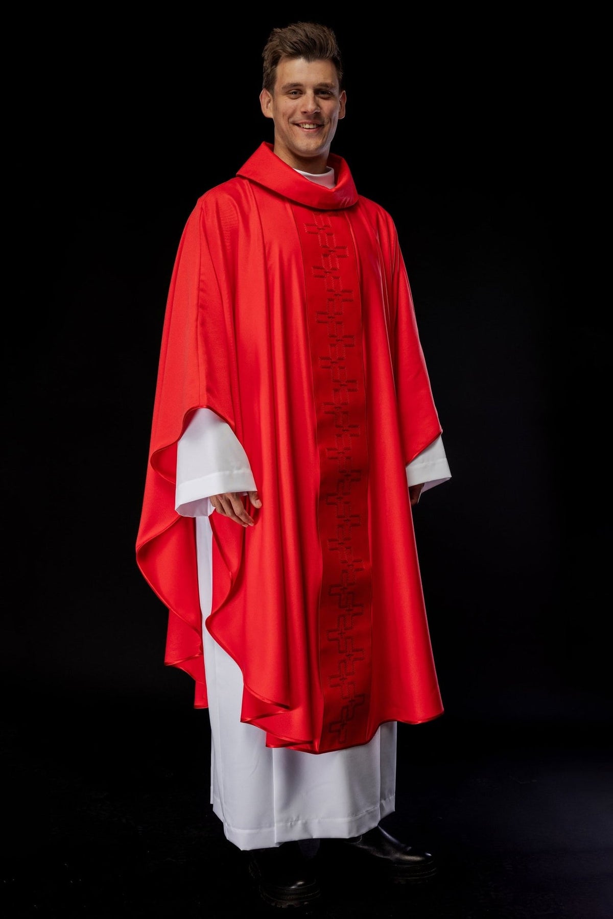 Red chasuble three-quarter front view with cross embroidery