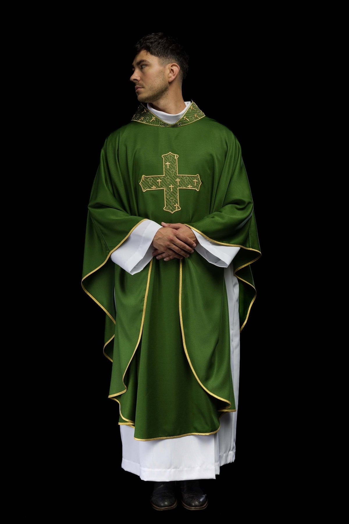 Green chasuble front view with embroidered cross and gold edging
