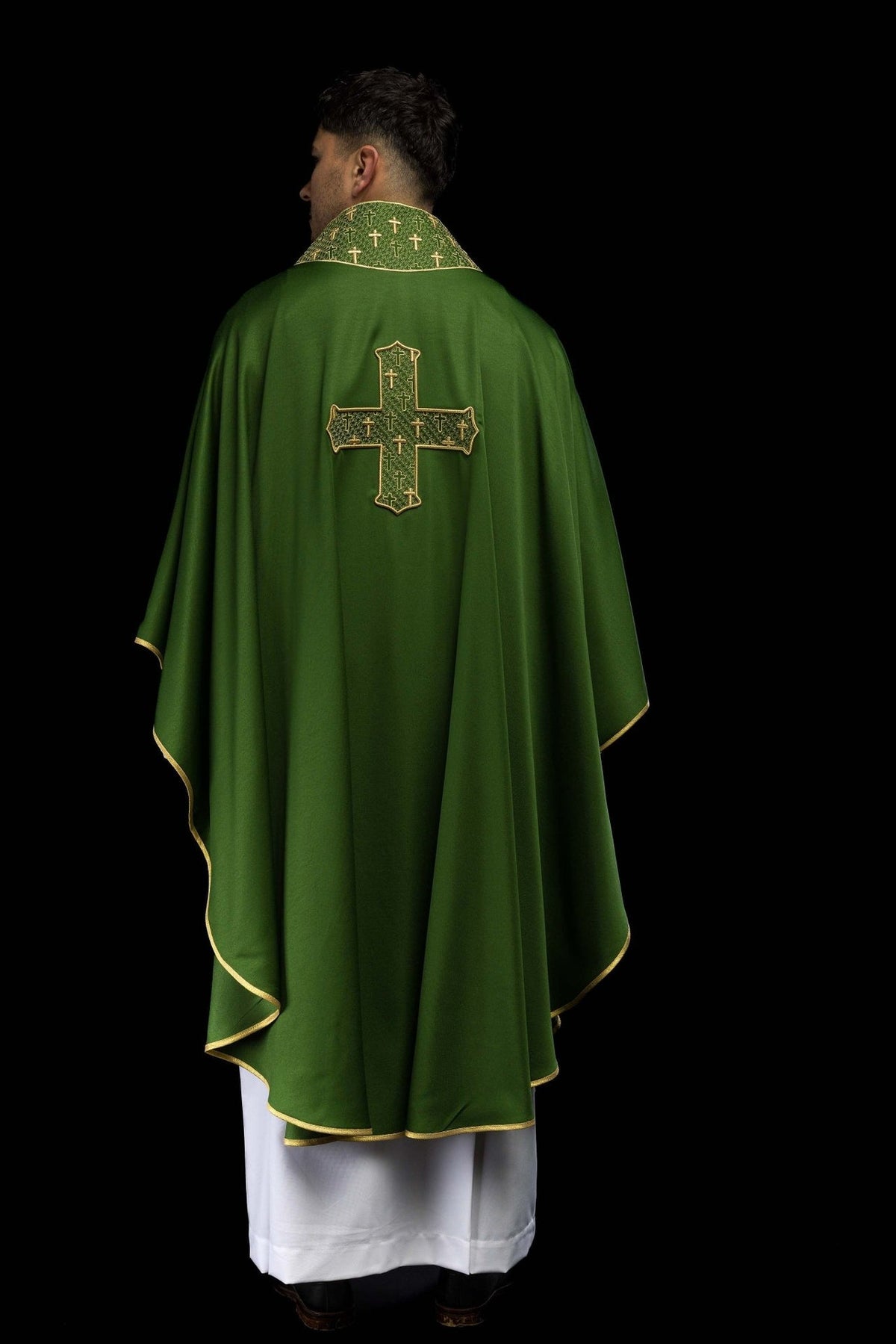 Green chasuble back view with gold-edged cross and collar