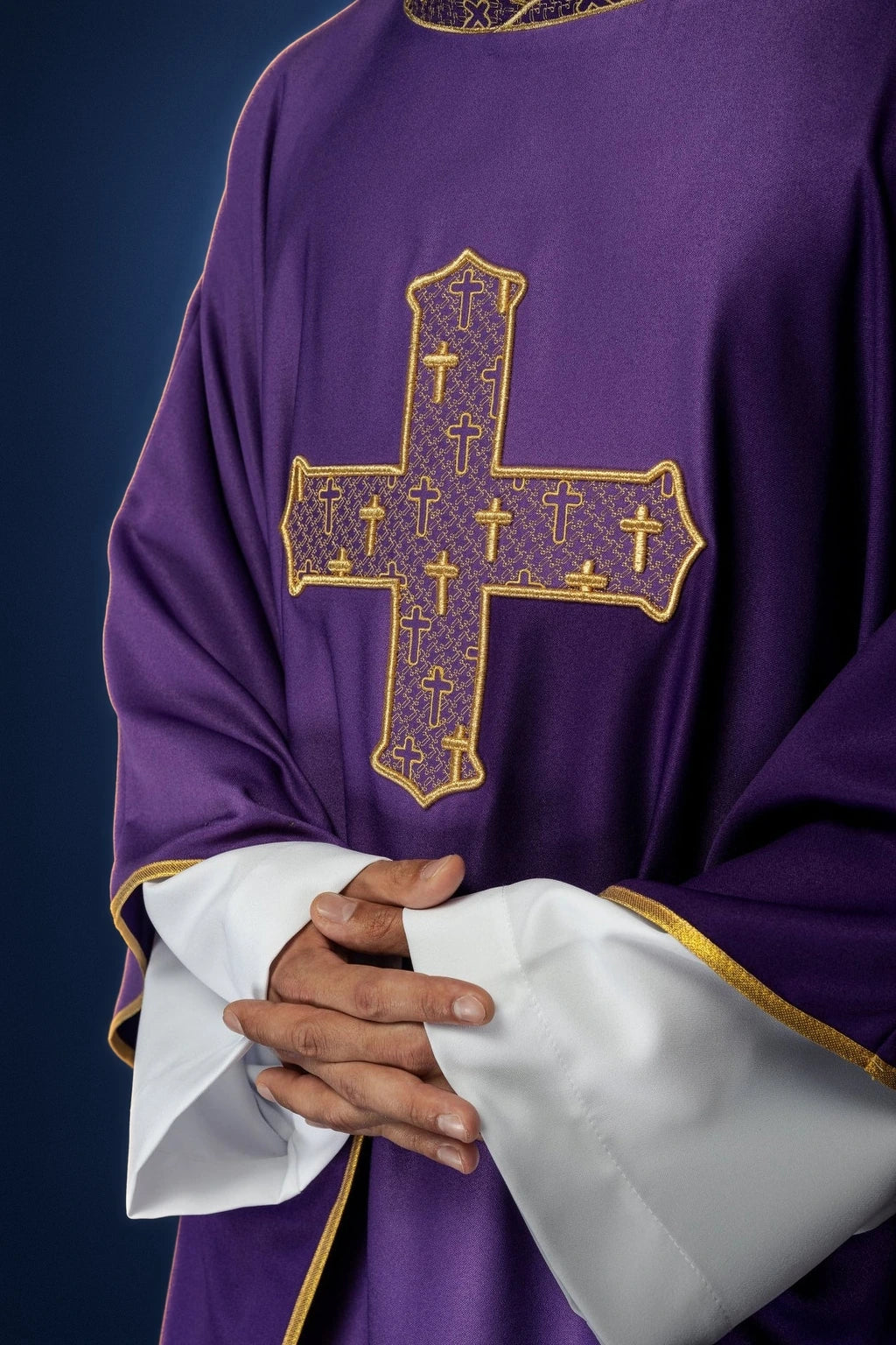 Chasuble with Richly Embroidered Cross and Purple Collar, front close-up in purple with gold cross