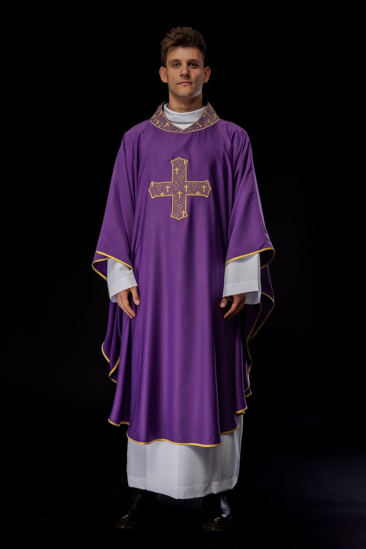 Purple chasuble front view with gold embroidered cross and purple collar