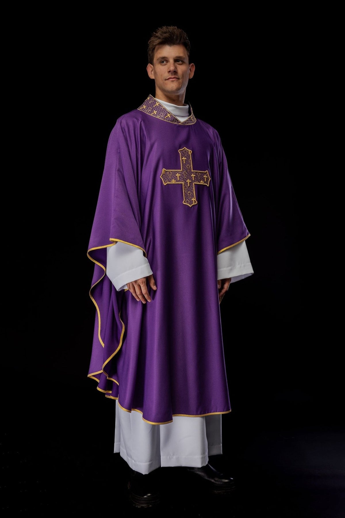 Purple chasuble three-quarter front view with gold cross and collar