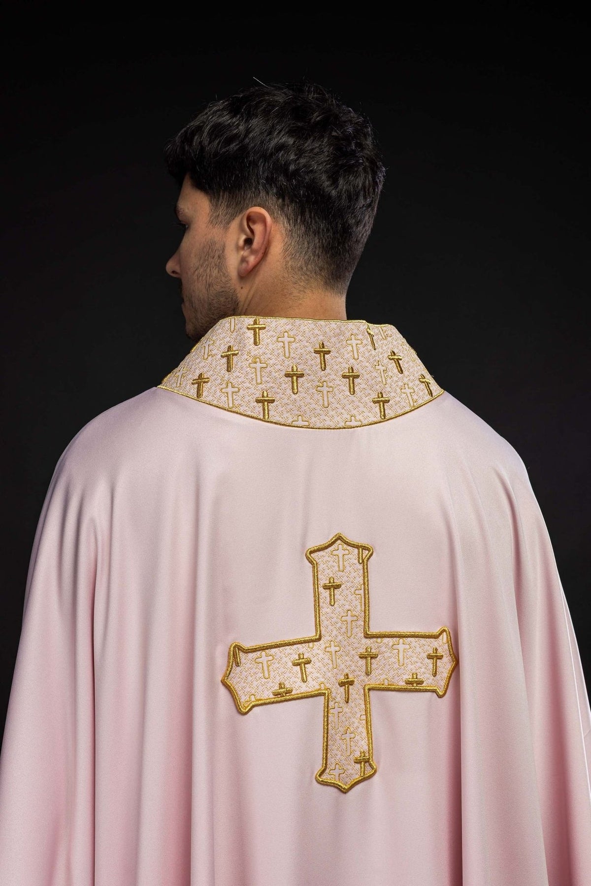 Rose chasuble back view with a large embroidered cross