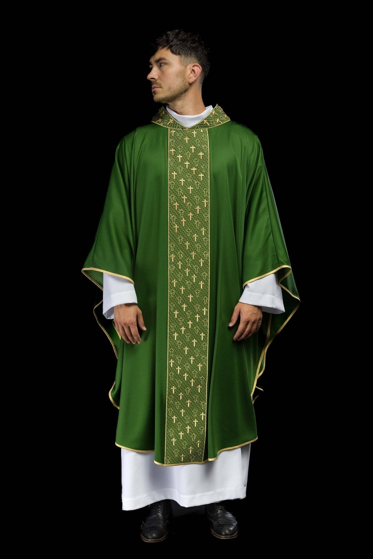 Green chasuble, full front view with gold cross embroidery and gold edging