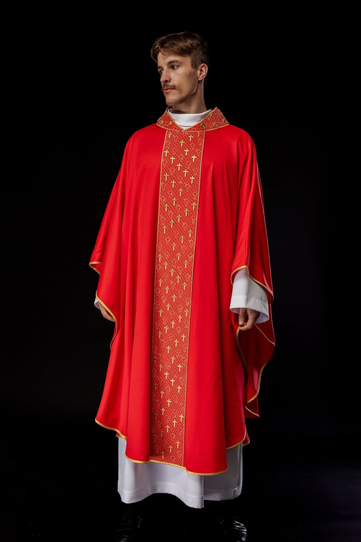 Red chasuble front view with gold embroidered orphrey and crosses
