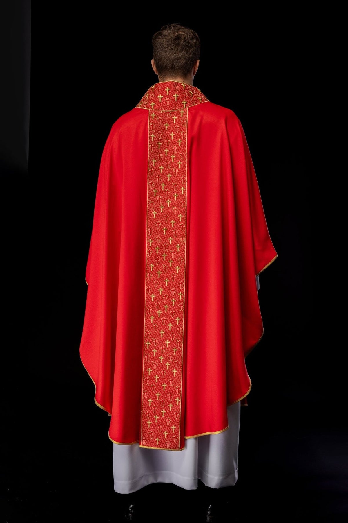 Red chasuble full back view with gold embroidered orphrey