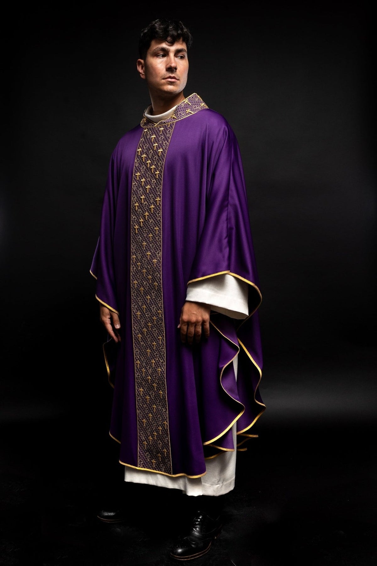 Purple chasuble side view with embroidered orphrey and gold edging