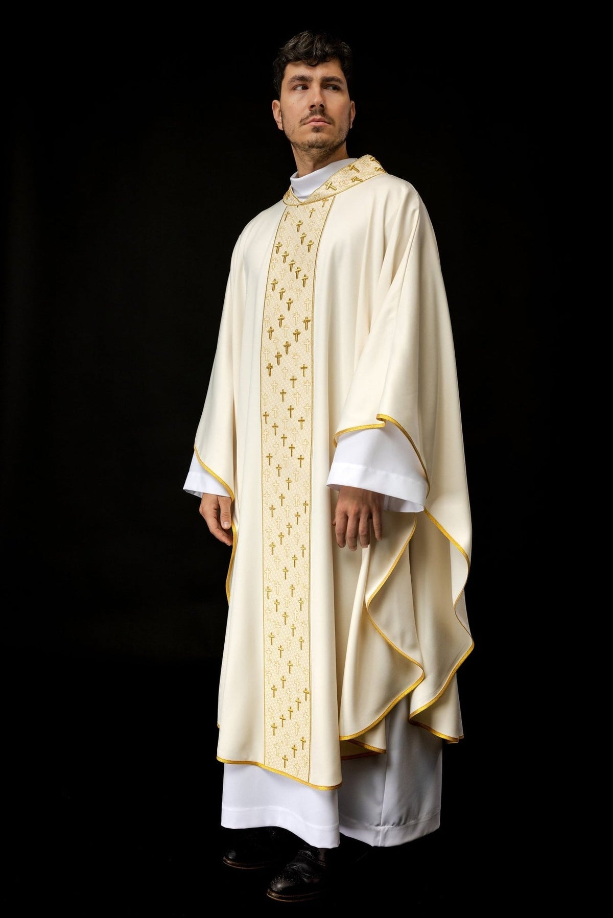 Ecru chasuble, full front view with gold cross embroidery