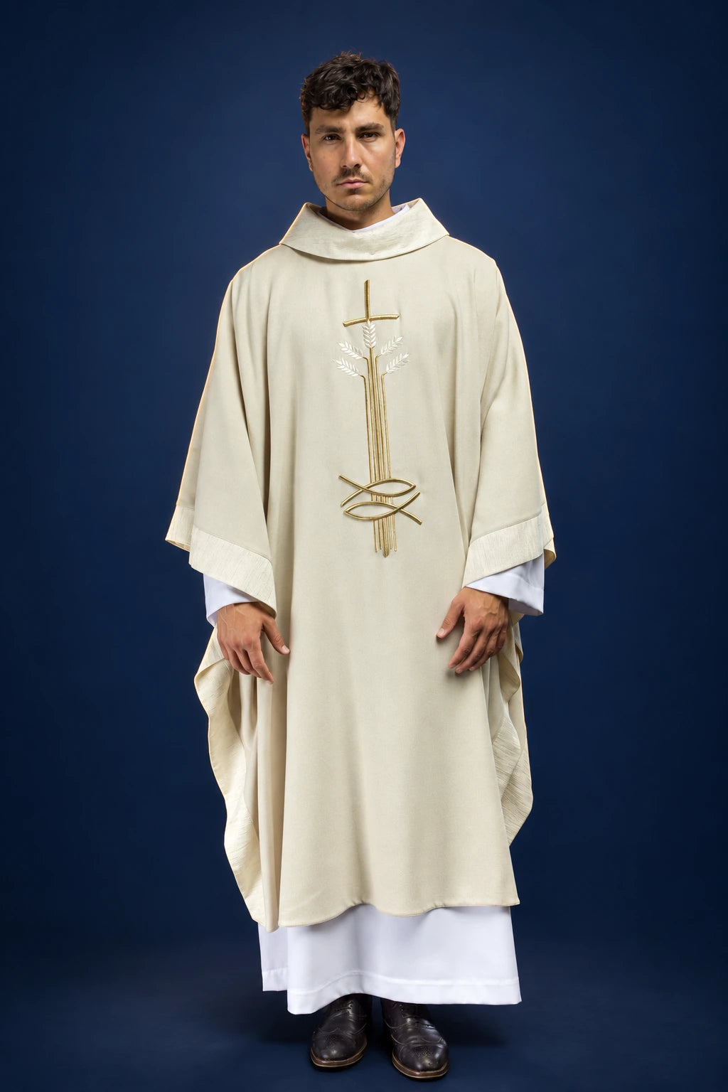Ecru Chasuble with Cross, Wheat, and Fish Motif, front view with gold embroidery and stand-up collar