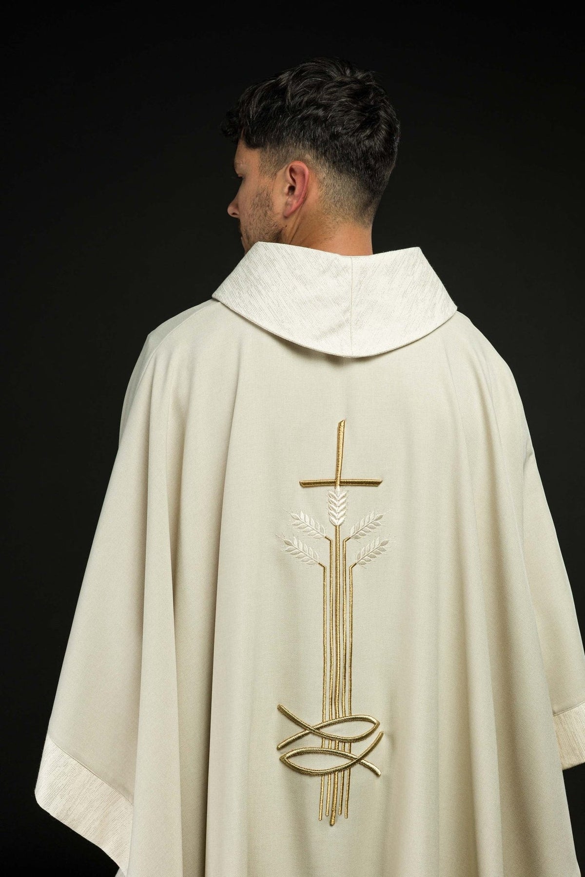 Ecru chasuble back view with gold cross, wheat and fish embroidery