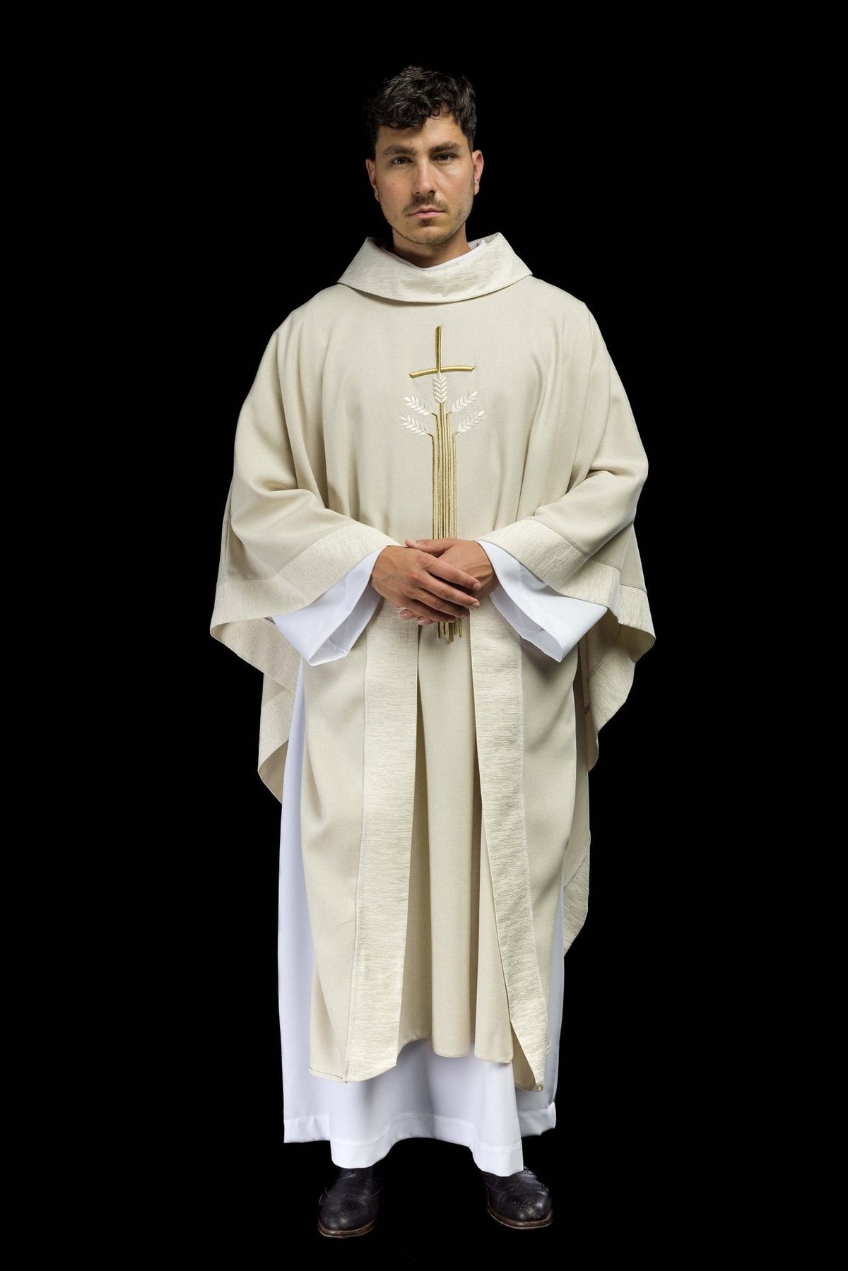 Ecru chasuble full front view with stand-up collar and gold embroidery