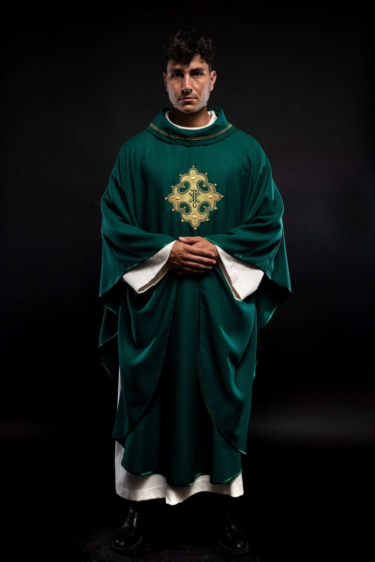 Green chasuble full front view with embroidered cross and gold trim