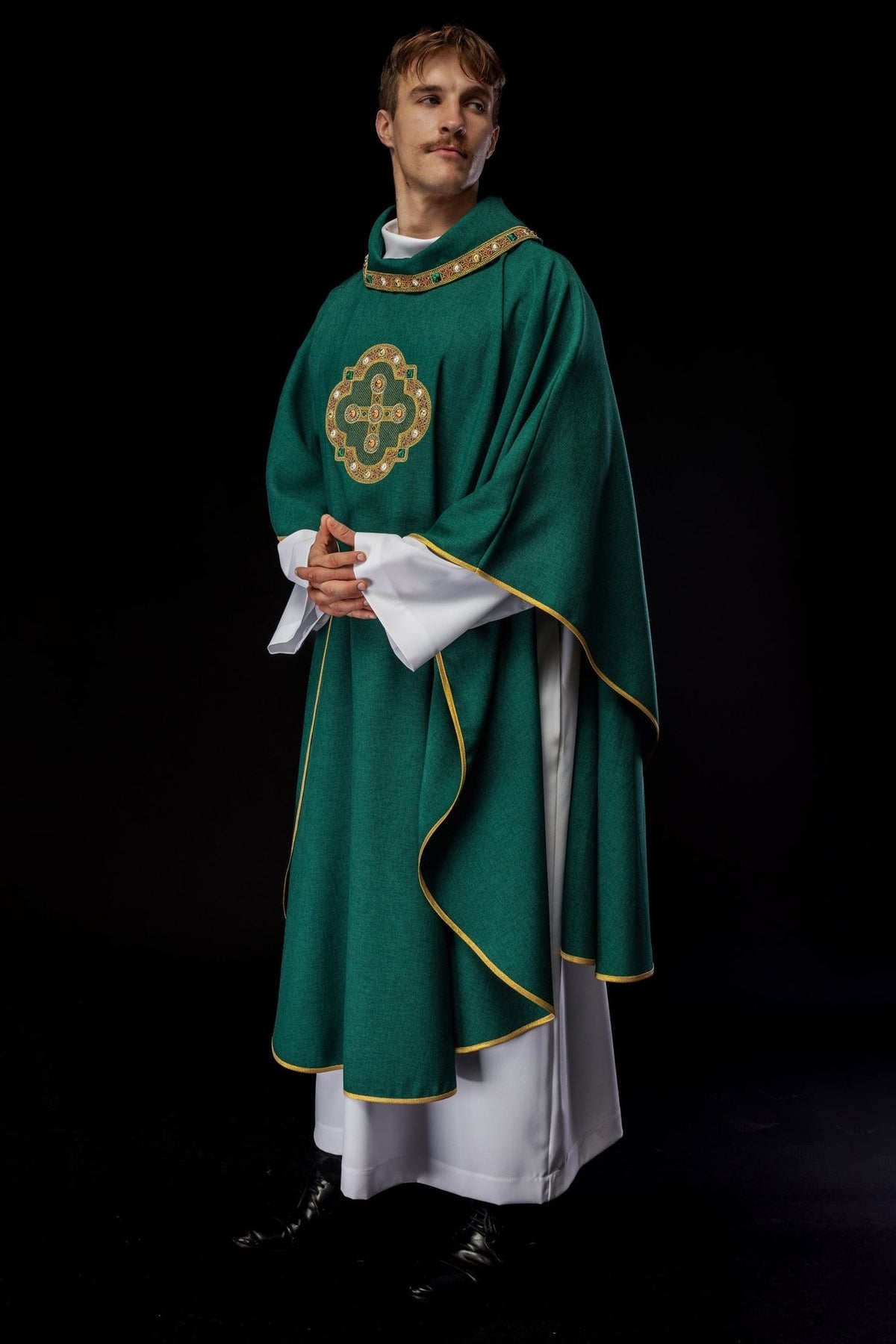 Green chasuble front view with gold trim and cross embroidery