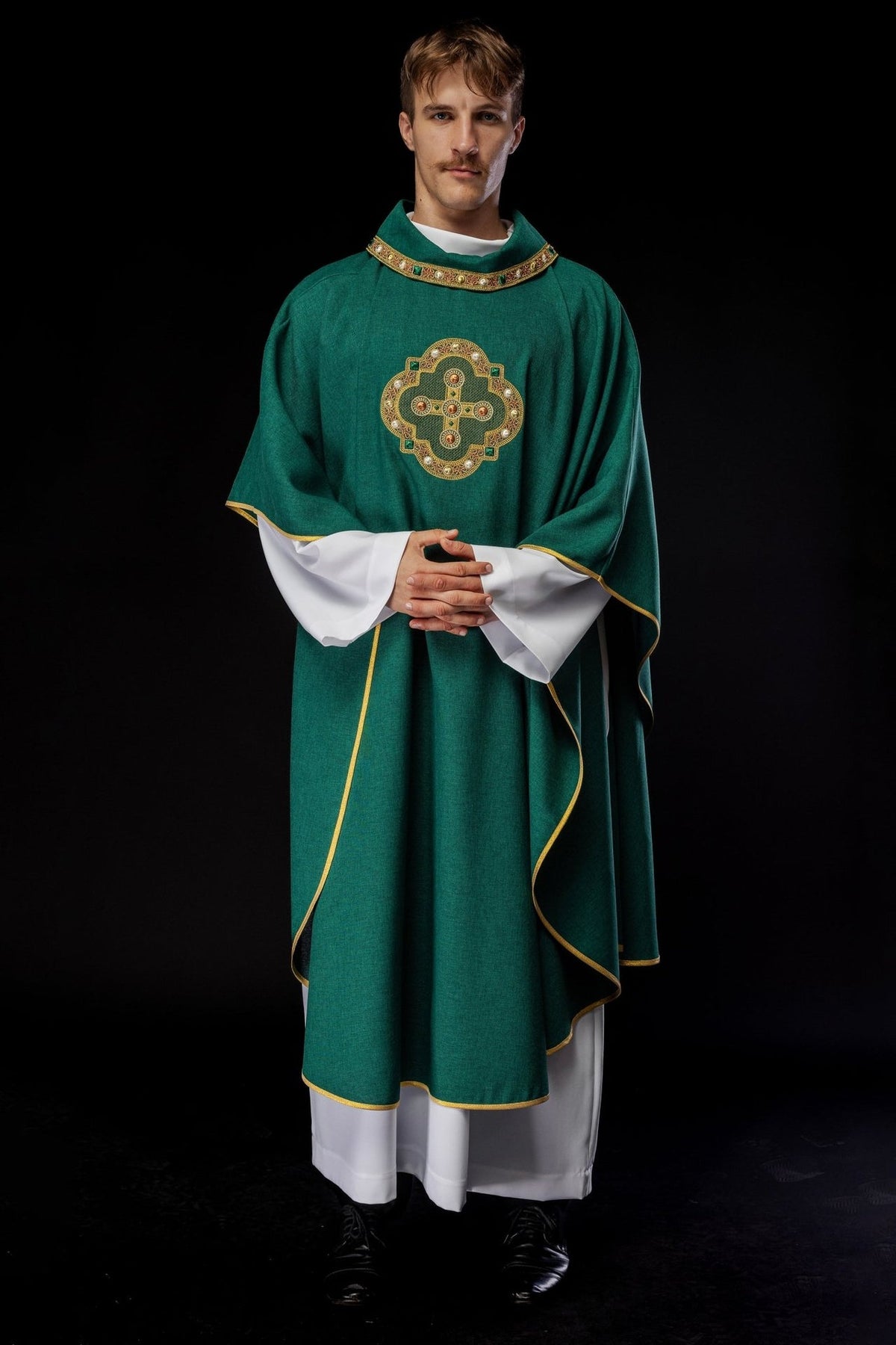 Green chasuble full front view with cross embroidery and gold edging