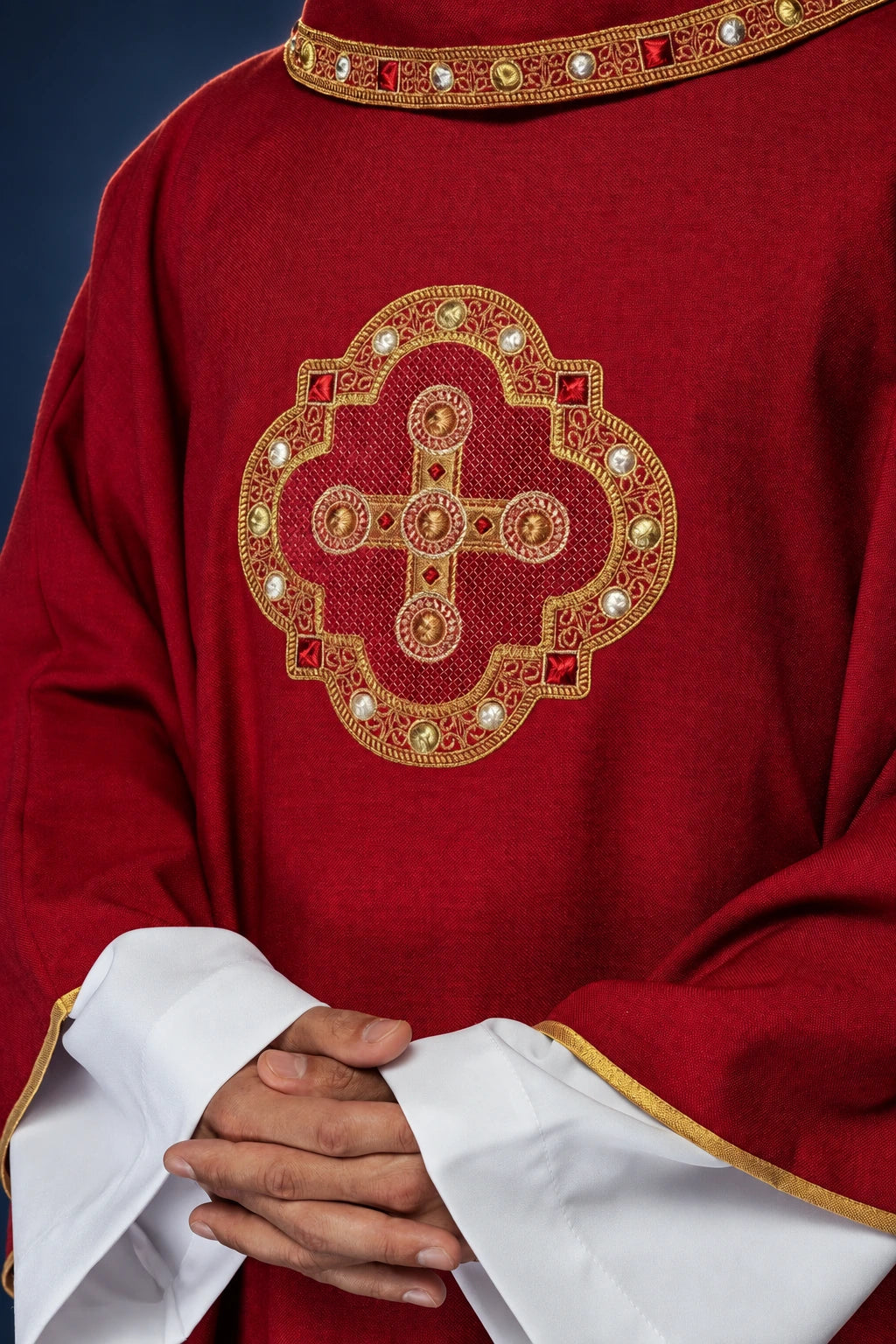 Red Chasuble with Embroidered Trim on the Collar and Around the Cross, front close-up