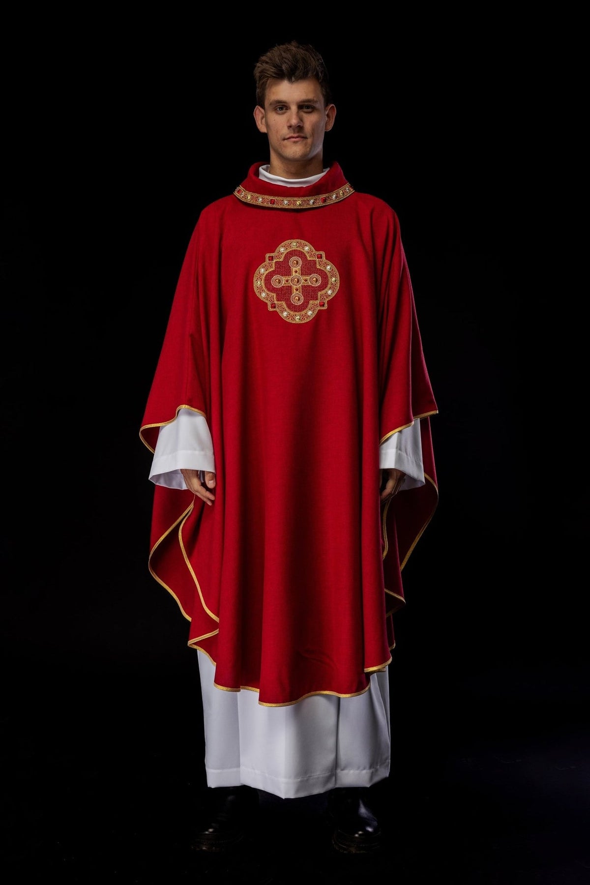 Red chasuble, full front view with gold embroidered cross and trim