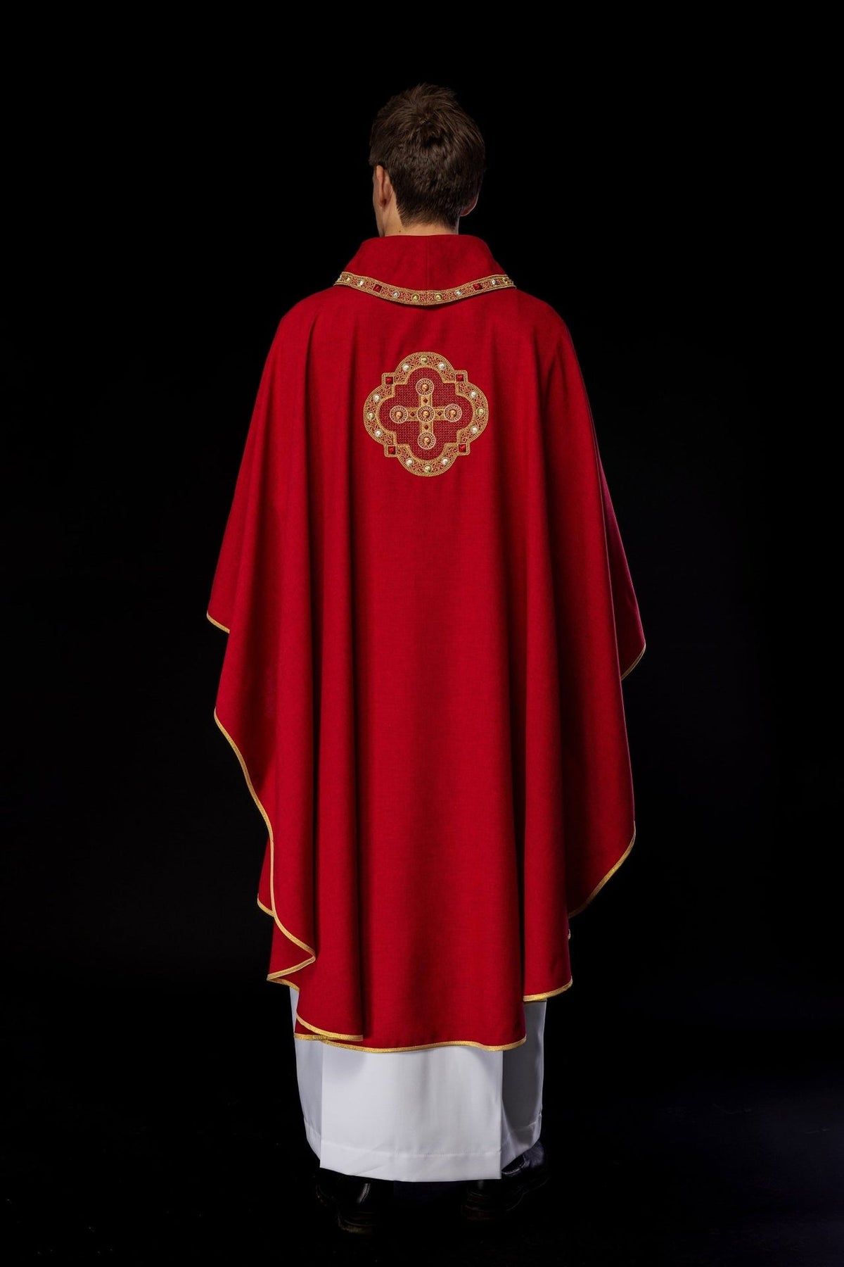 Red chasuble, full back view with gold embroidered cross and trim