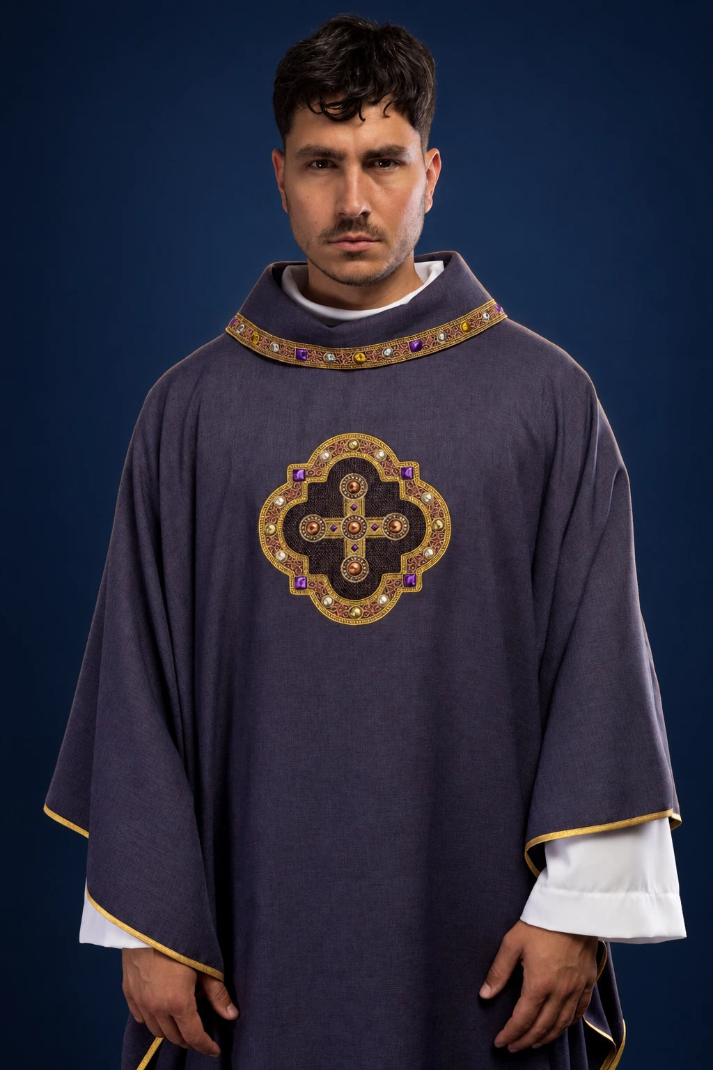 Purple Chasuble with Embroidered Trim on Collar and Around Cross, front view with gold cross embroidery