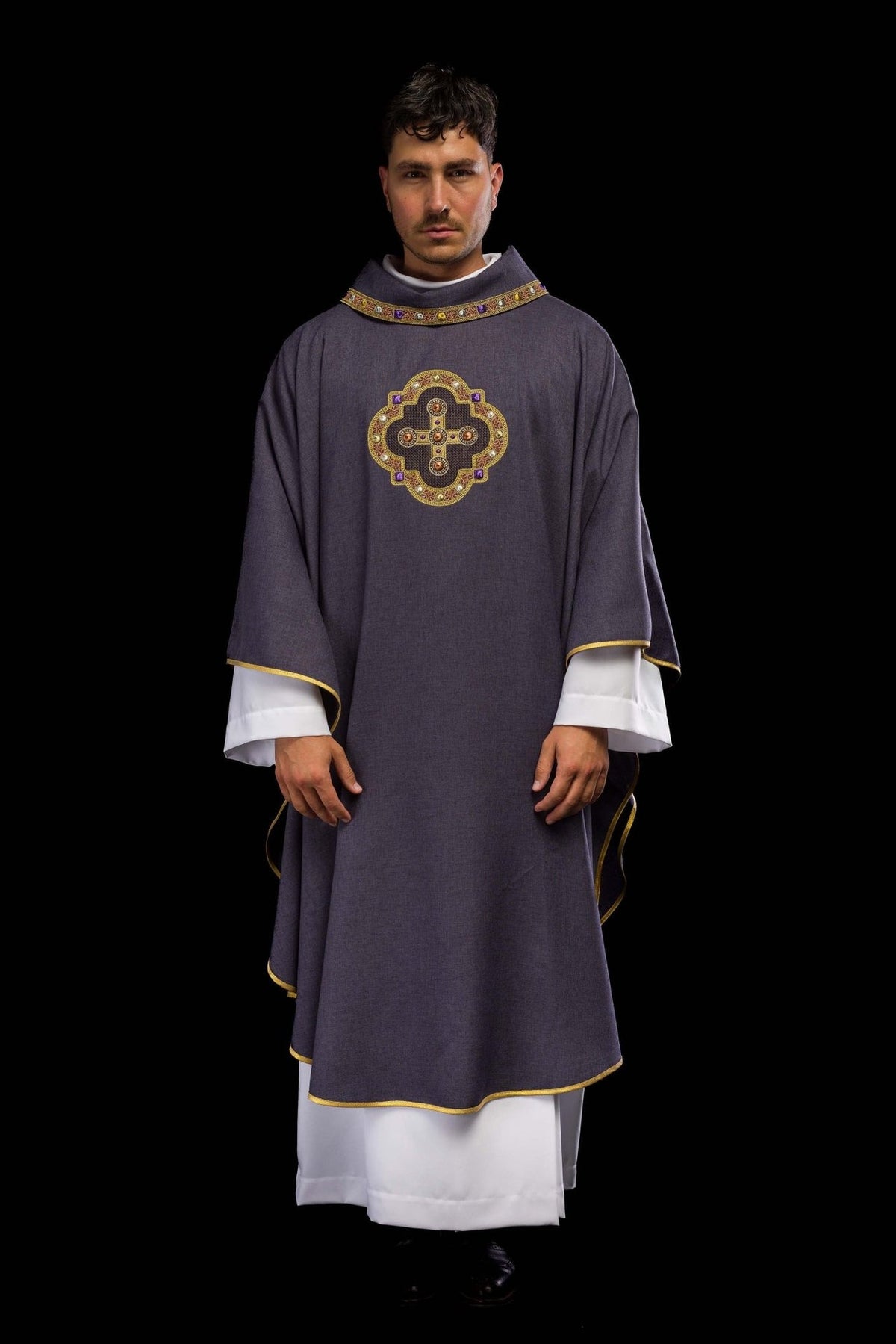 Purple chasuble front view with gold-trimmed cross embroidery
