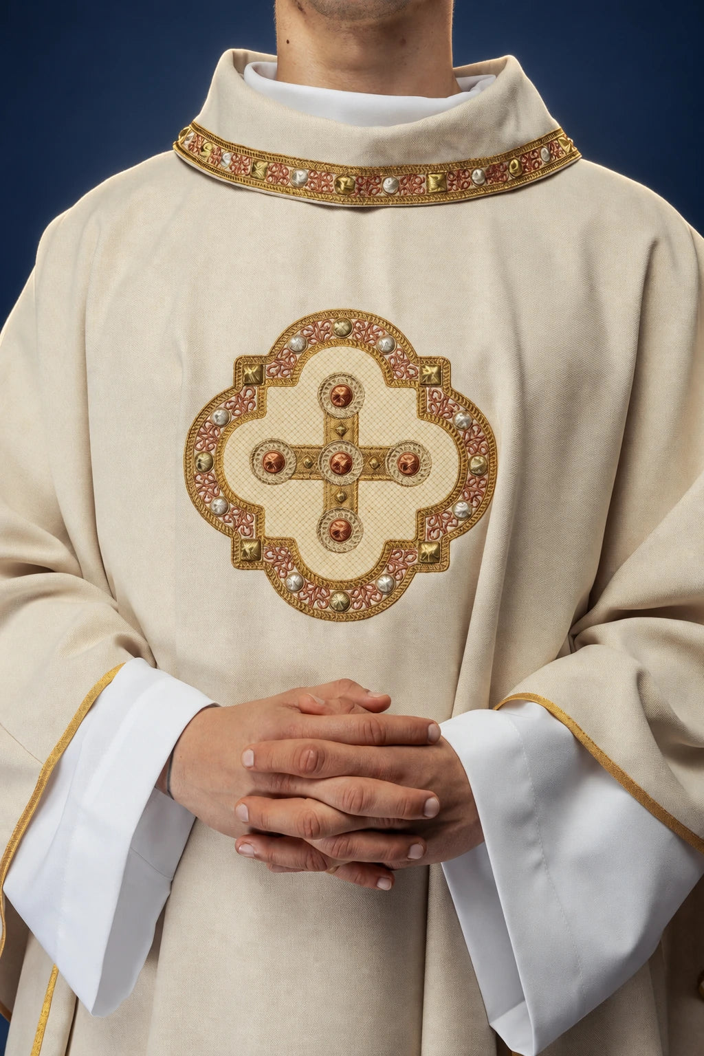 Ecru Catholic Chasuble with Embroidered Trim, front view with gold cross embroidery