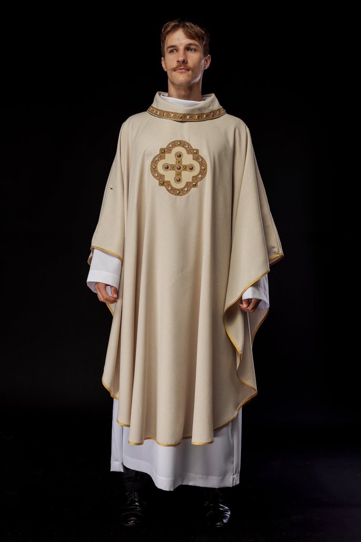 Ecru chasuble, full front view with gold trim and embroidered cross