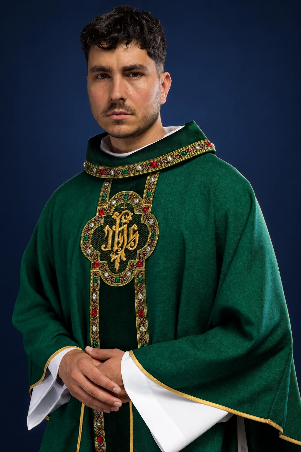 Green Chasuble with Embroidered Orphrey, IHS Trim, and Collar, front view worn