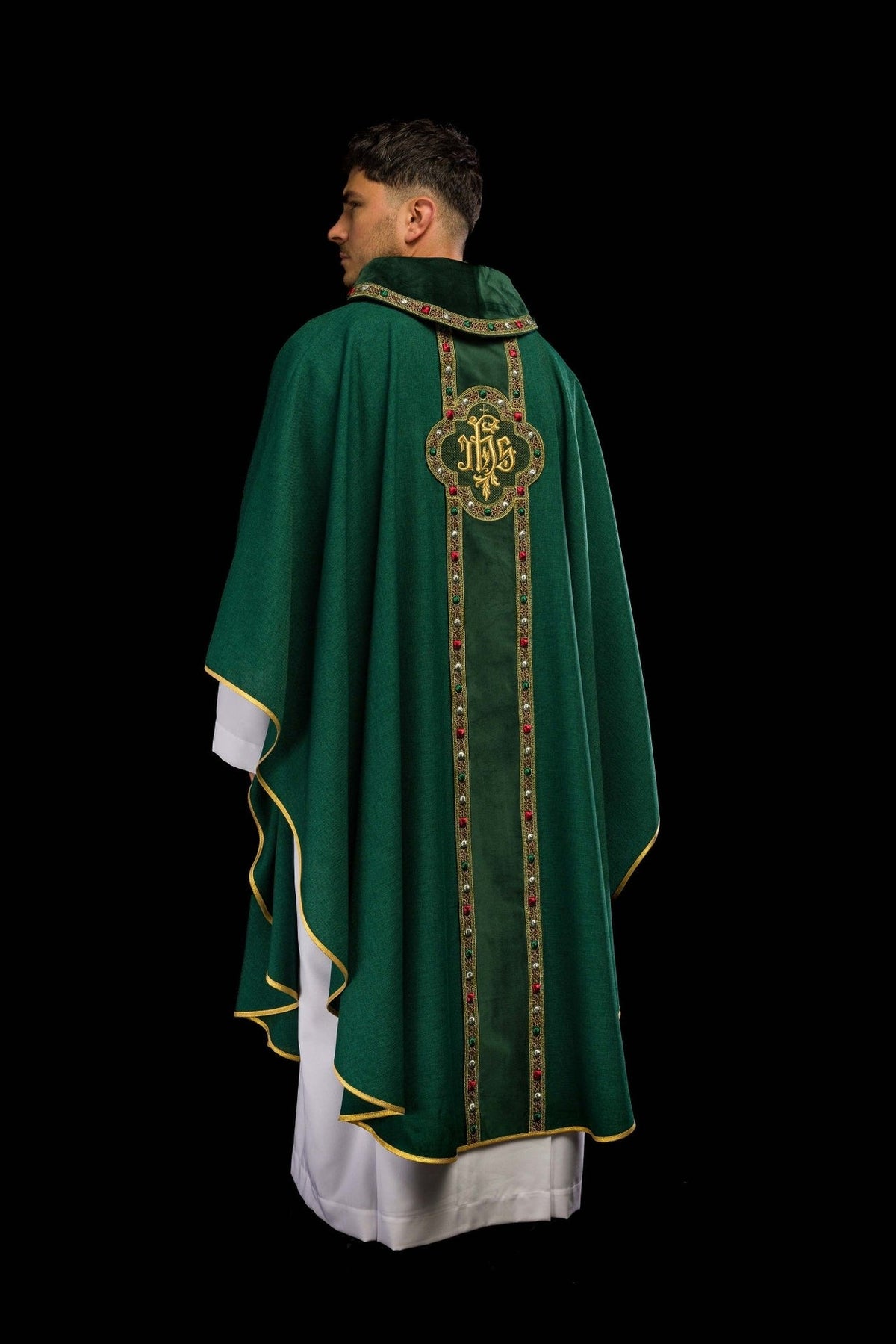 Green chasuble back three-quarter view with long embroidered orphrey