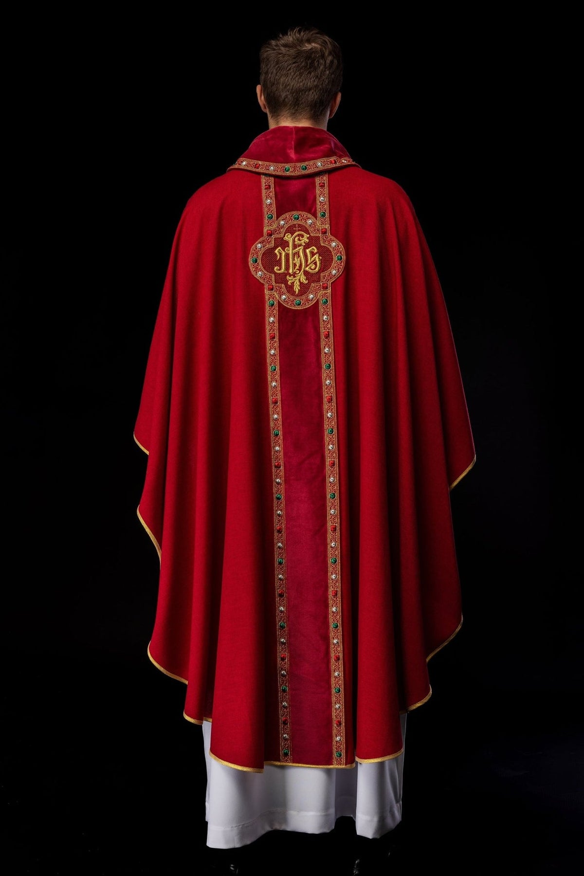 Red chasuble full back view with long embroidered orphrey