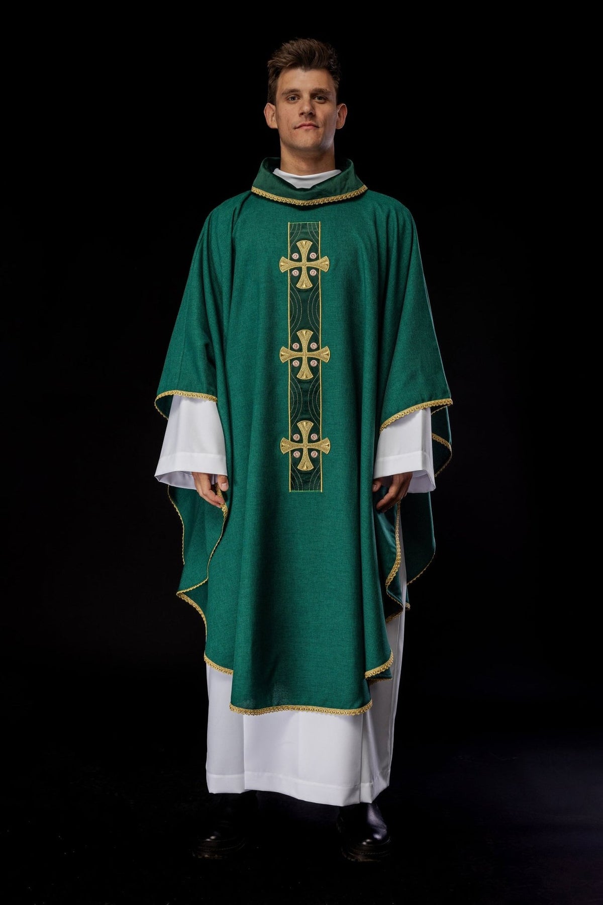 Green chasuble front view with three gold embroidered crosses
